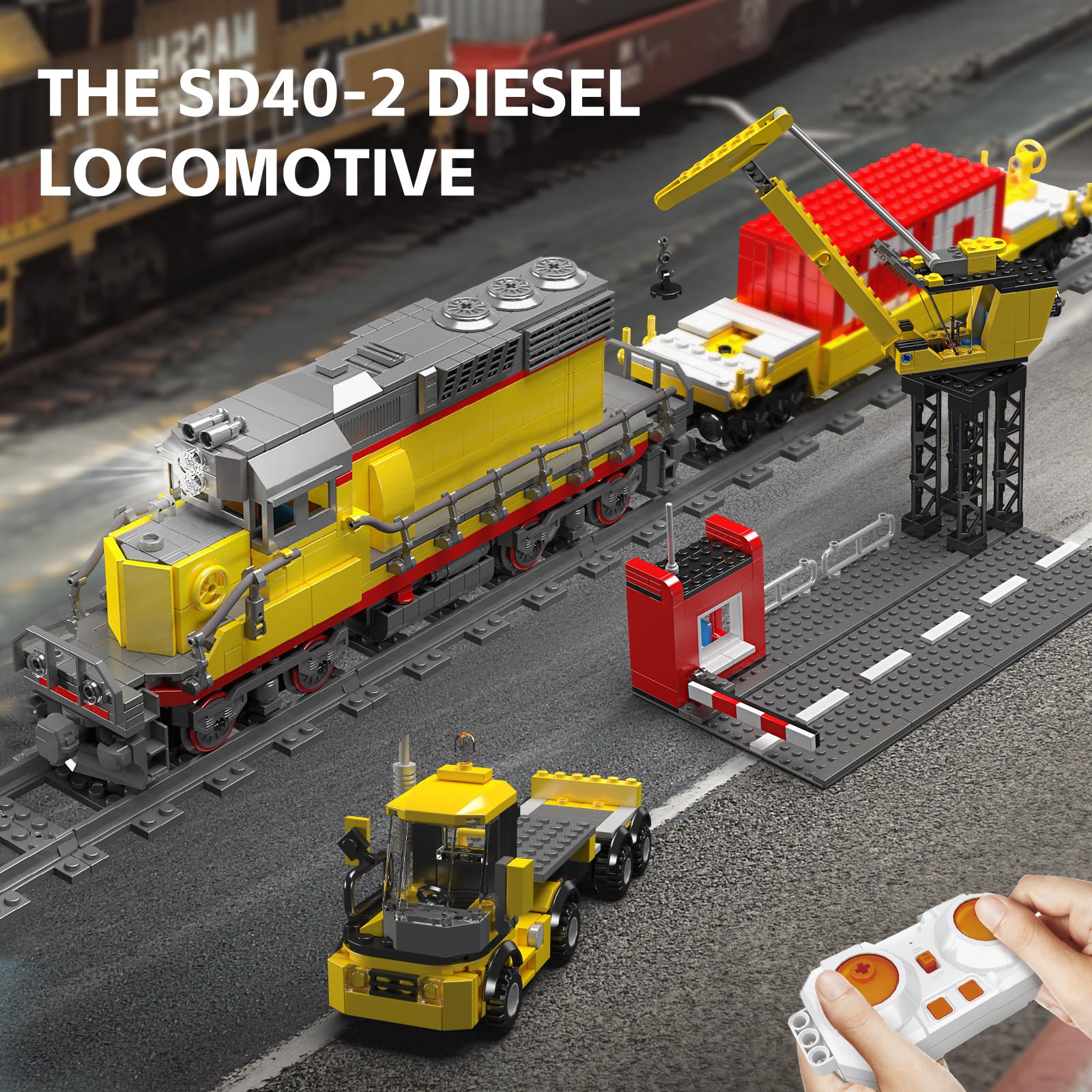 Mould King 12027 Kit di locomotiva diesel con semirimorchio e gru modello di tecnologia telecomandata, da collezione per adulti e appassionati di ferrovia (1257 pezzi)