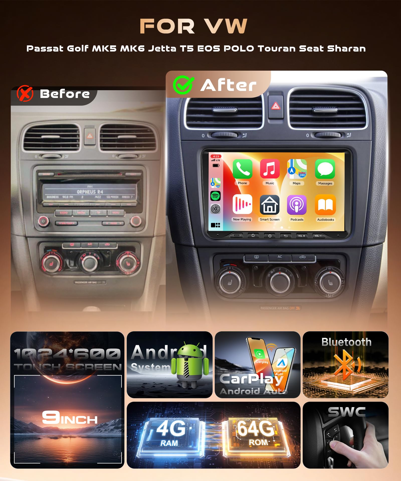 4G+64G 9‘’ Android Car Stereo for VW Volkswagen Seat Golf Passat Jetta Beetle Tiguan Touran EOS, CarPlay Android Auto Touchscreen Bluetooth Radio with GPS Navigation WiFi FM Backup Camera MIC