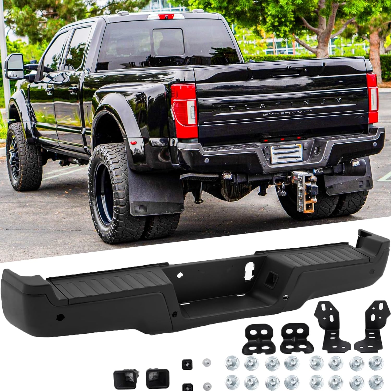 Rear Steel Step Bumper Assembly for 2017-2022 Ford F250 F350 F450 Super Duty with Park Sensor Holes Black Back Bumper Replacement for FO1103196,with Pads Brackets and License Plate Lights