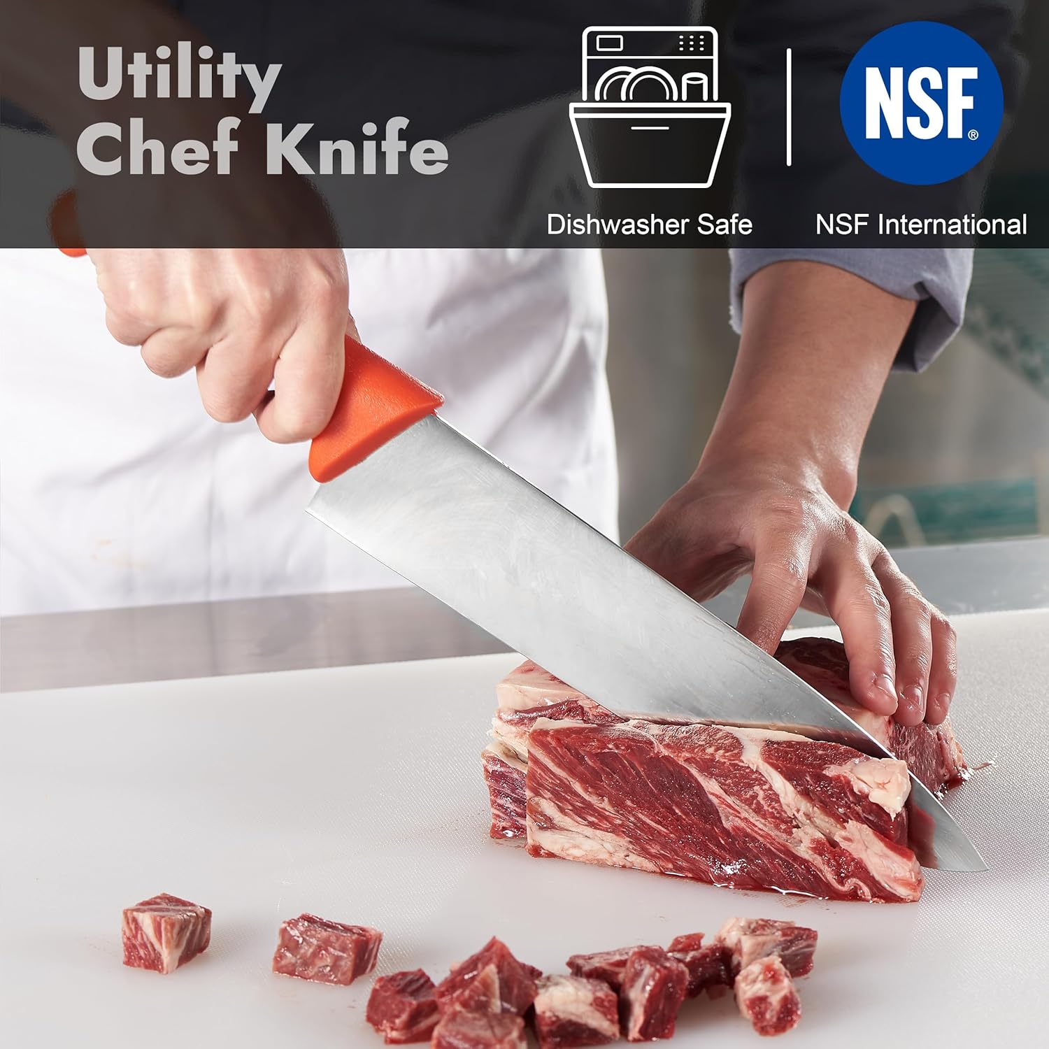 CURTA 12-inch Commercial-Grade Chef's Knife, NSF Listed, Ergonomic, Non-slip Red Handle, High Carbon 420 Stainless Steel Forged Blade Straight Edge, Dishwasher Safe, Rust Proof