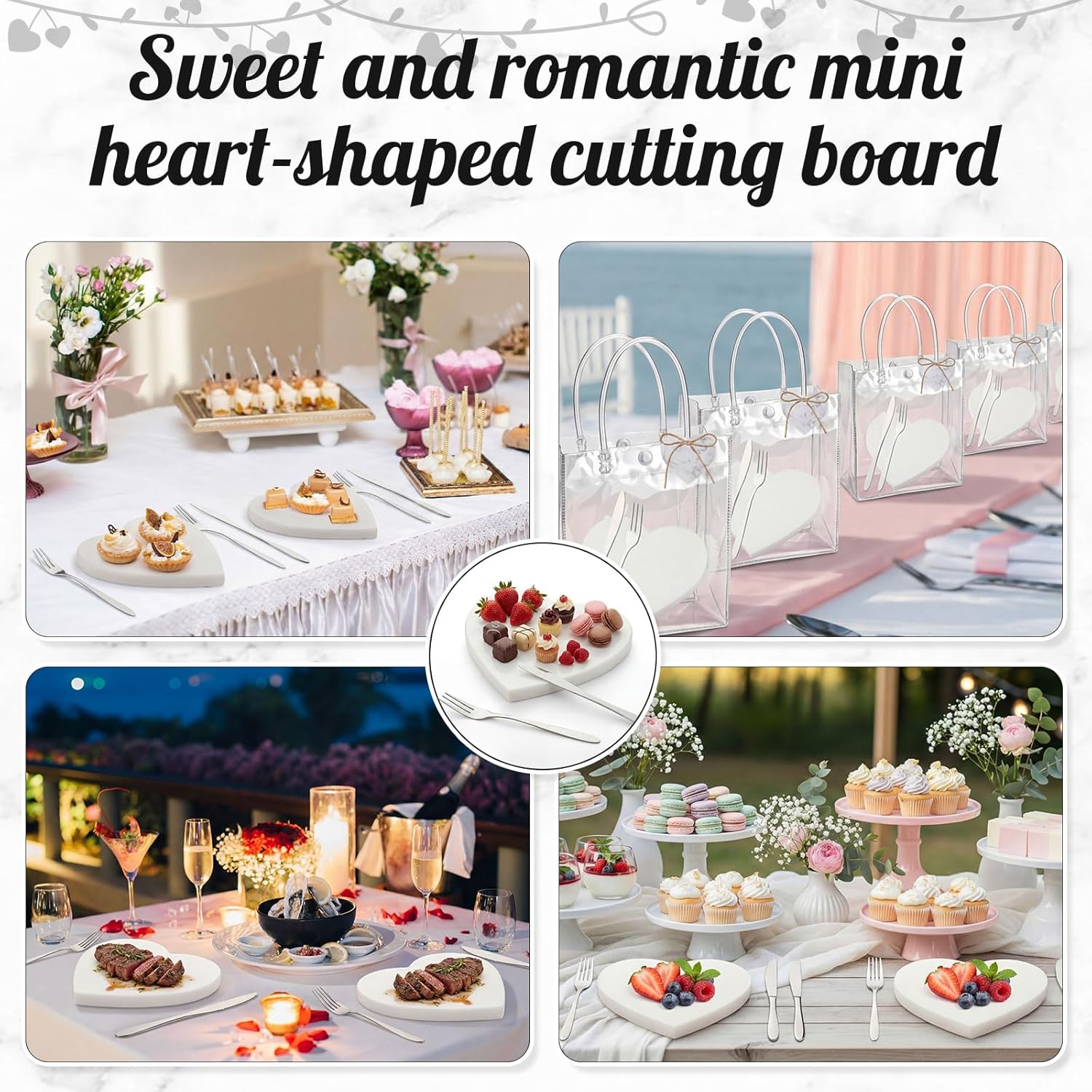 12 Set Bridal Shower Gift Party Favors Marble Heart Shaped Charcuterie Cutting Board with Cheese Knives Fork Set Cards Jute Rope PVC Bags for Guest Wedding Birthday Valentine Baby Prize