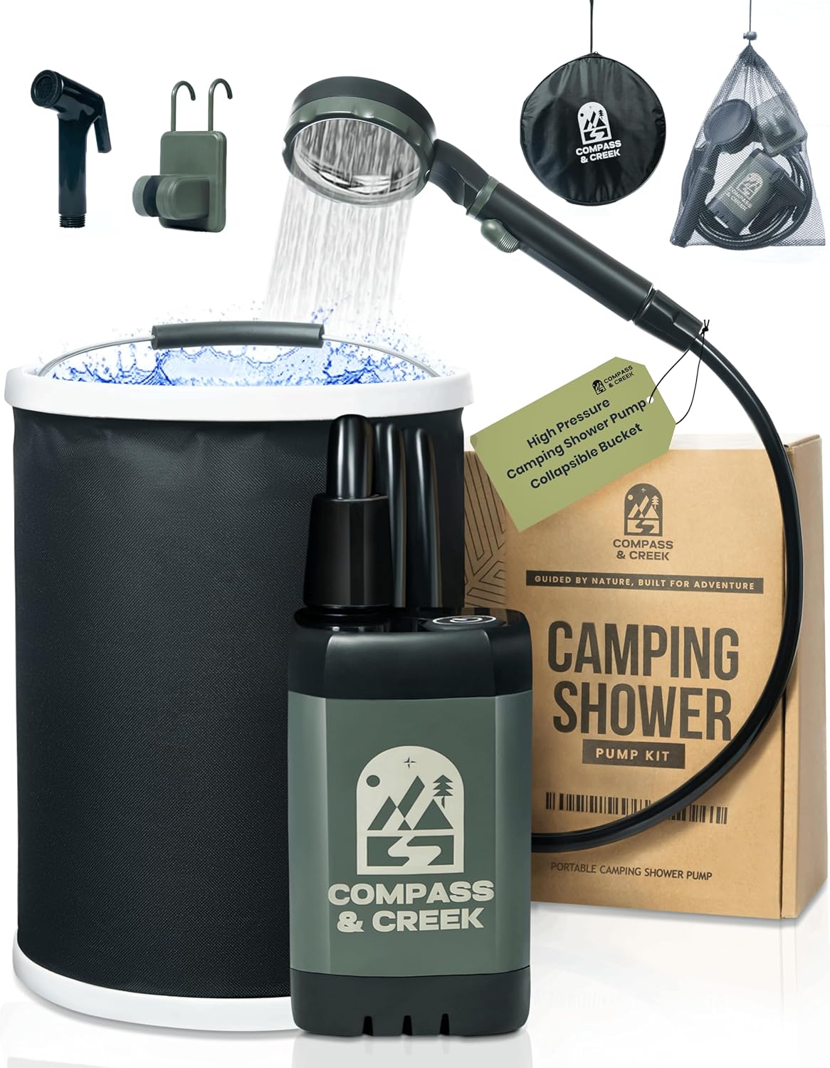 Portable Camping Shower Pump - Electric High Pressure Outdoor Camp Shower Kit with 3.9 Gal Collapsible Bucket - USB Rechargeable Pump with 90-Min Battery - for RV