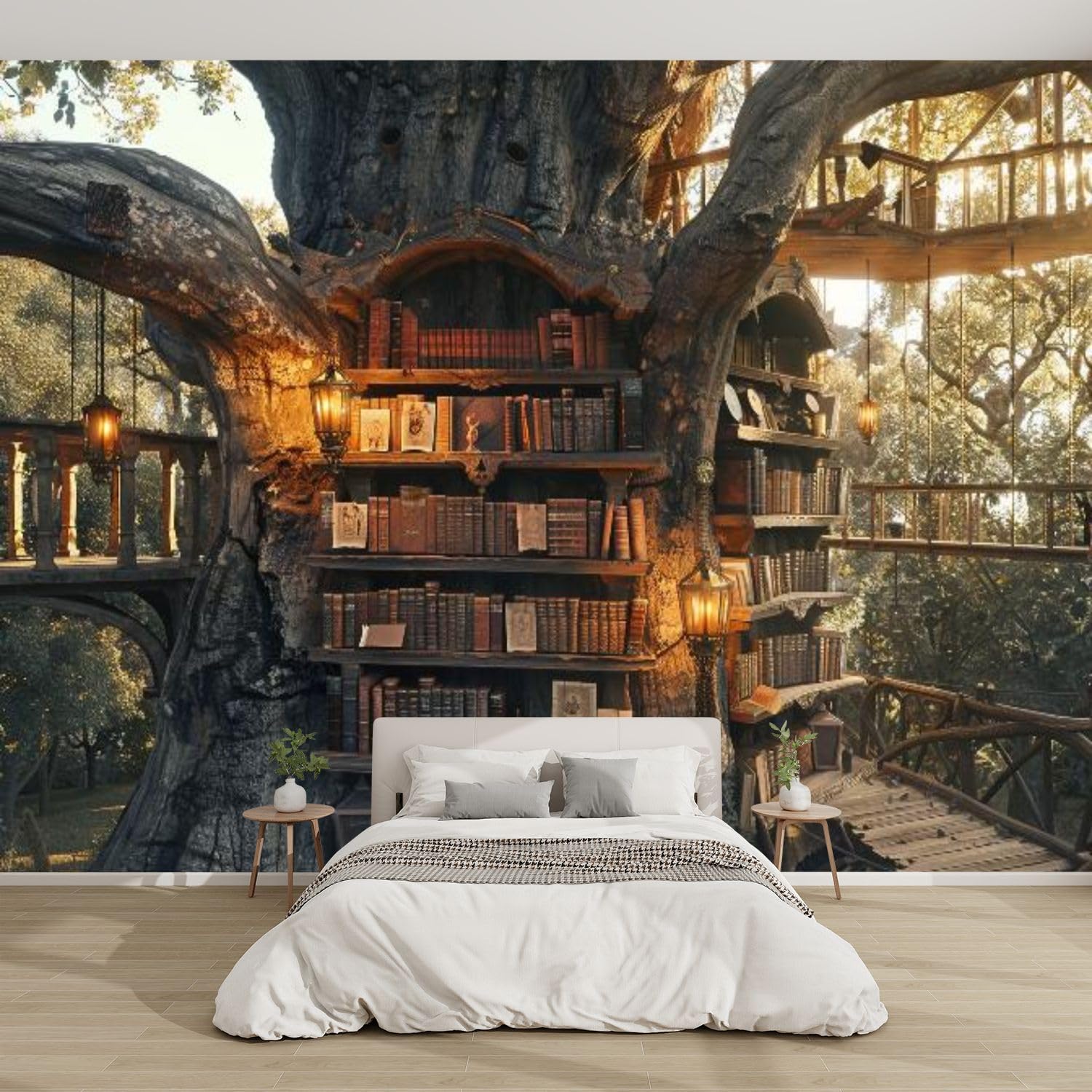 3D Modern Canvas Wallpaper Mural Oak Tree Bookcase Antique Tomes Relics Peel and Stick Removable Self Adhesive Wall Stickers for Living Room Kids Bedroom Home Decor, 100x144inch