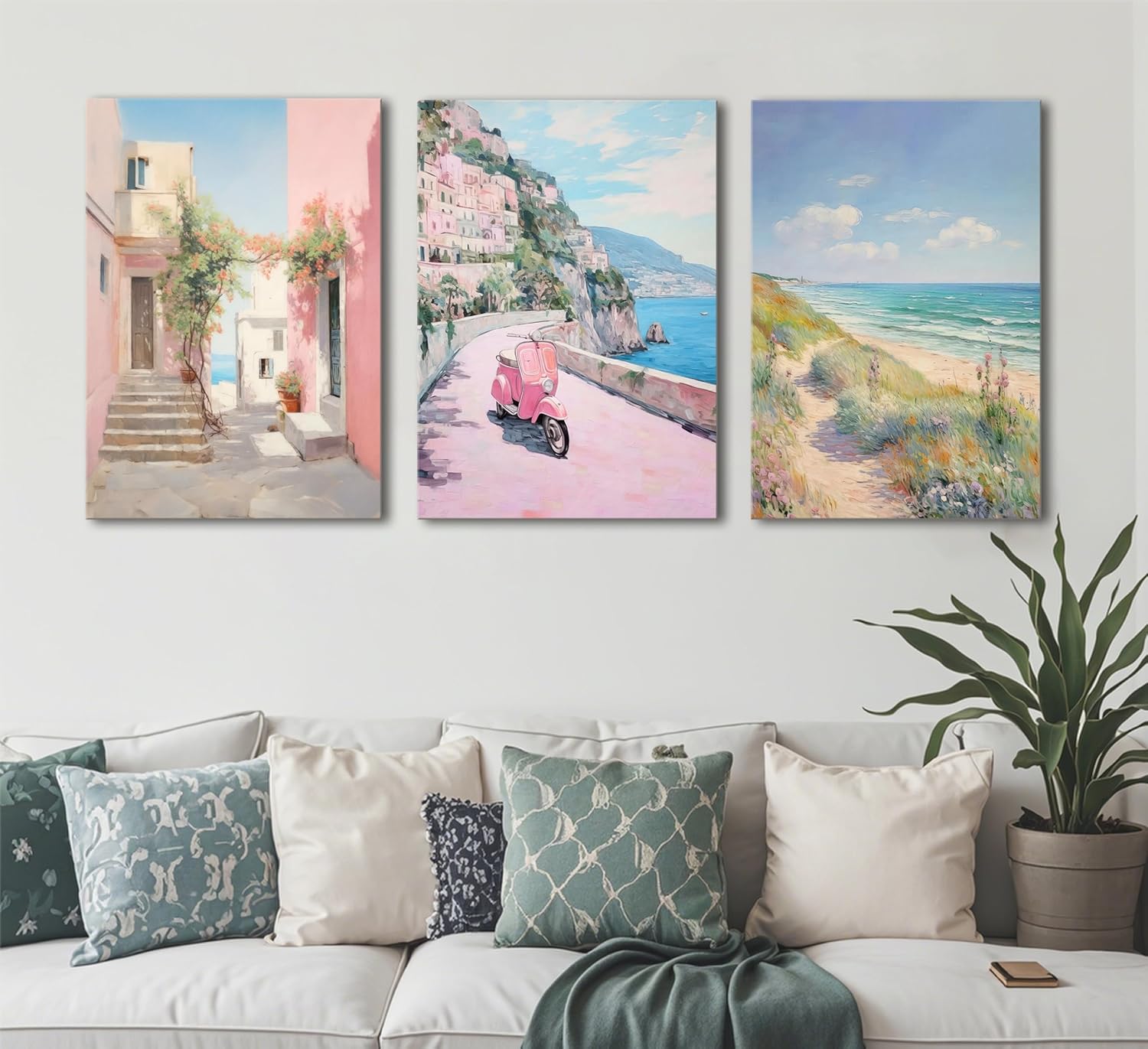 3Pcs Amalfi Coast Pastel Canvas Wall Art Trendy Pink Beach Preppy Painting Picture Wall Decor Aesthetic Italian Beachy Landscape Poster Print Artwork for Teen Girl Dorm Girls Room Home Decoration