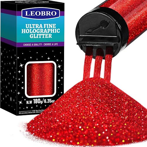LEOBRO Red Glitter, Glitter, 180g/6.35oz Holographic Ultra Fine Glitter, 1/128"