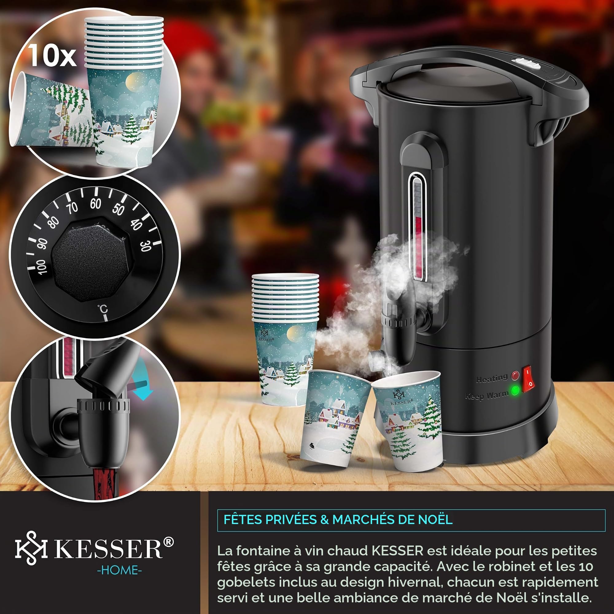 KESSER bouilloire à vin chaud 6,8 l en acier inoxydable avec 10 tasses bouilloire à vin chaud avec thermostat distributeur d'eau chaude distributeur d'eau chaude indicateur de niveau robinet robinet