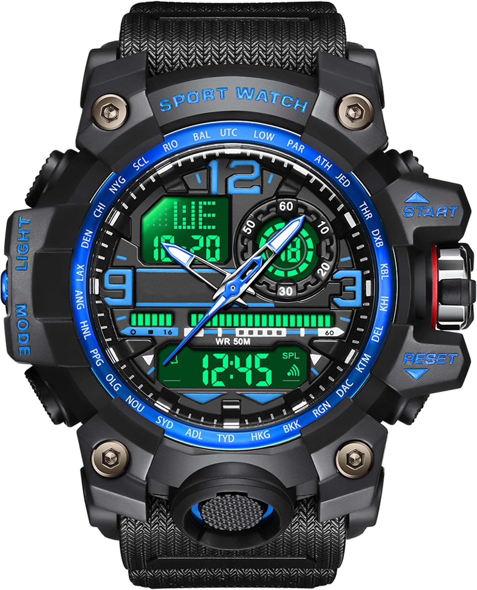 Reloj de pulsera militar grande para hombre, digital y analógico, 5 cajeros automáticos, impermeable, táctico para exteriores con despertador, fecha 12/24 horas, cronómetro LED, correa de silicona