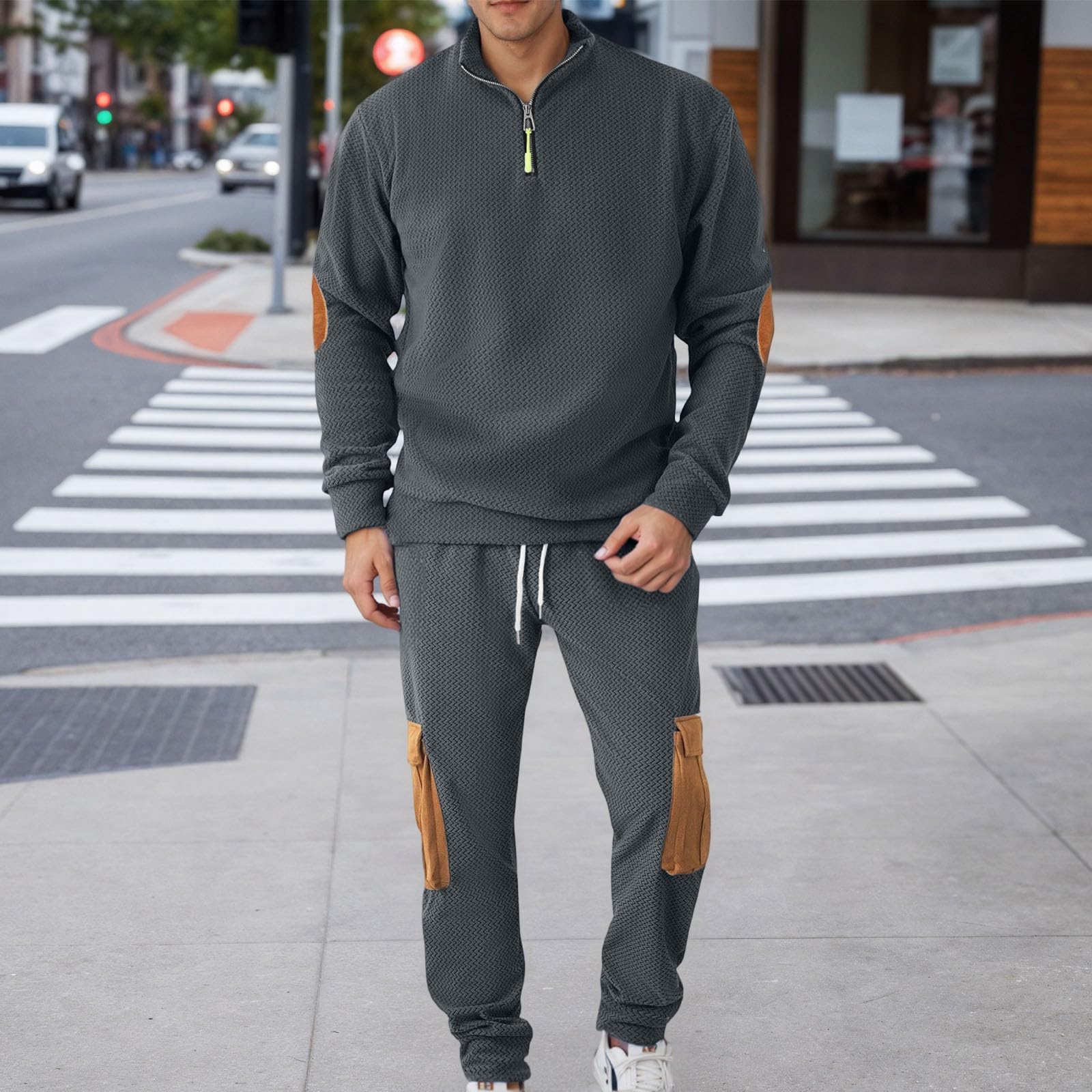 Tuta da jogging da uomo, 2 pezzi, tuta sportiva a maniche lunghe, per il tempo libero, per lo sport, per la casa, streatwear con cappuccio e pantaloni da jogging, palestra, abbigliamento