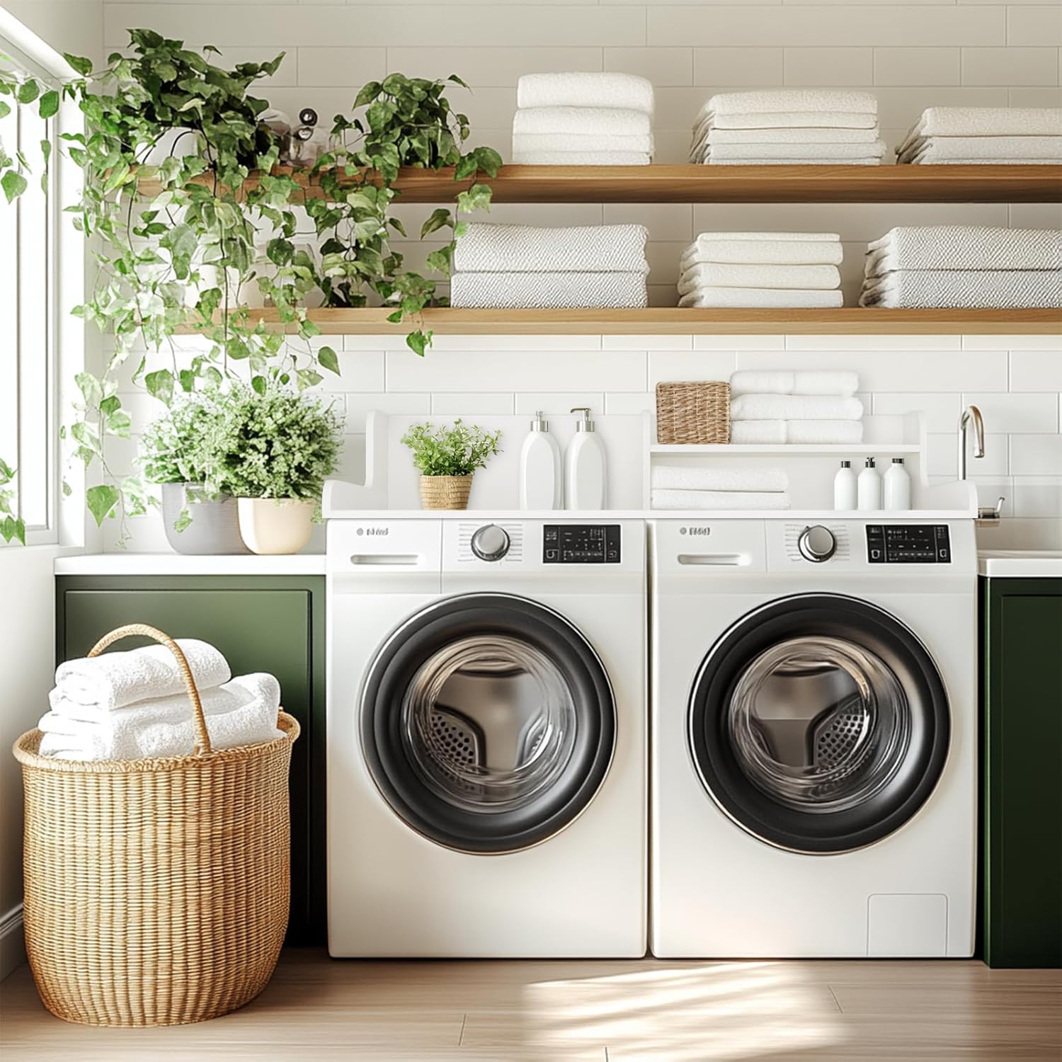 Kaboon Washer Dryer Countertop 2 Tier 58 inches Wide, Laundry Shelf Topper with Edge, 58" W x 28" D x 12" H Laundry Space Organizer, White