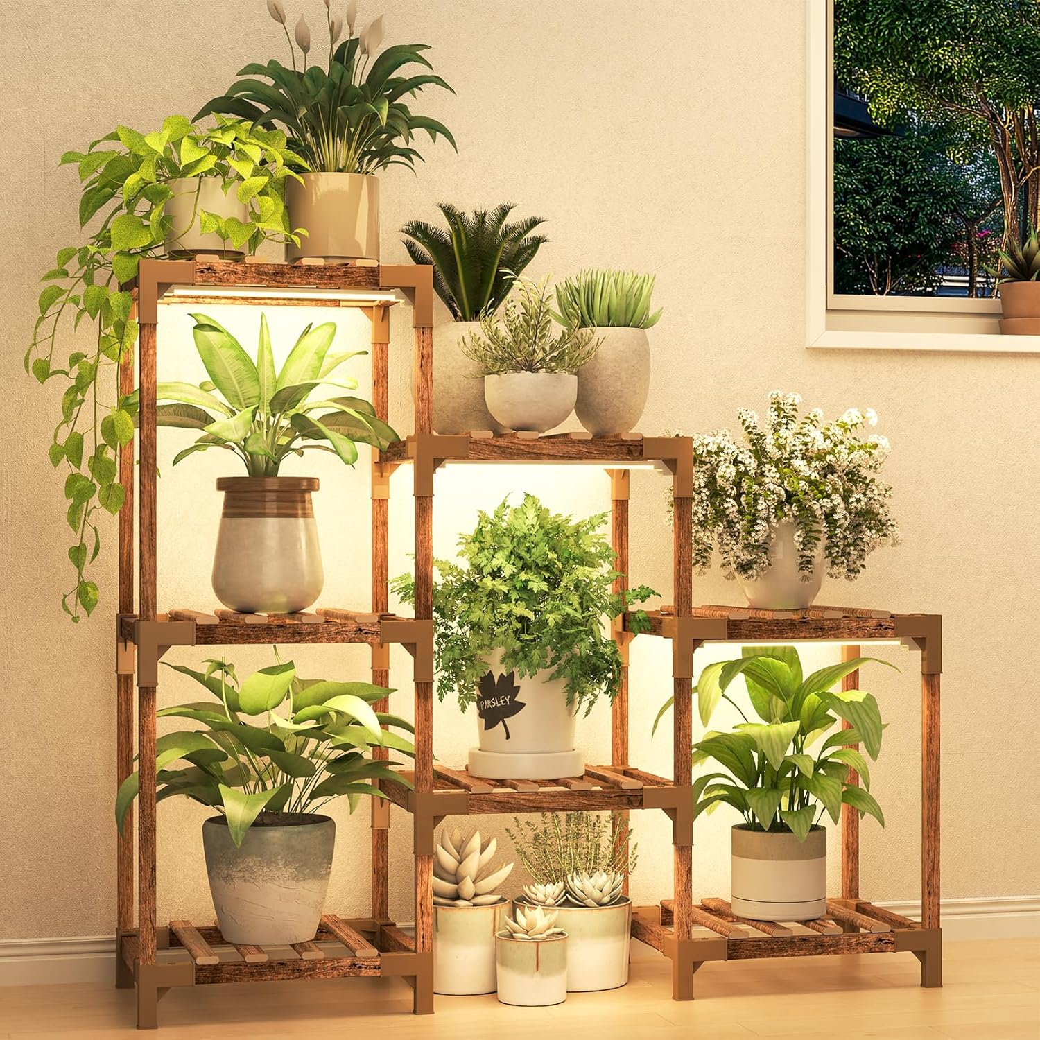 HOMKIRT Plant Stand with Grow Light, Plant Shelf Indoor for Mutiple Pots, 7 Tiers Wood Plant Ladder Holder Flower Stand for Corner Living Room Patio Boho Home Decor