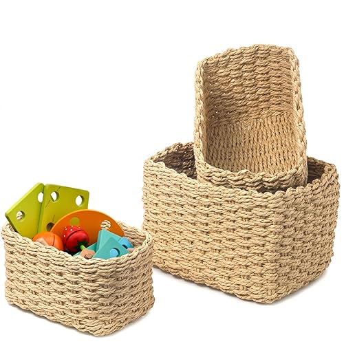 EZOWare Small Woven Paper Rope Storage Baskets, Set of 6 Soft Rectangular Decorative Container Box Bins for Baby, Kids, Closet, Nursery Room,