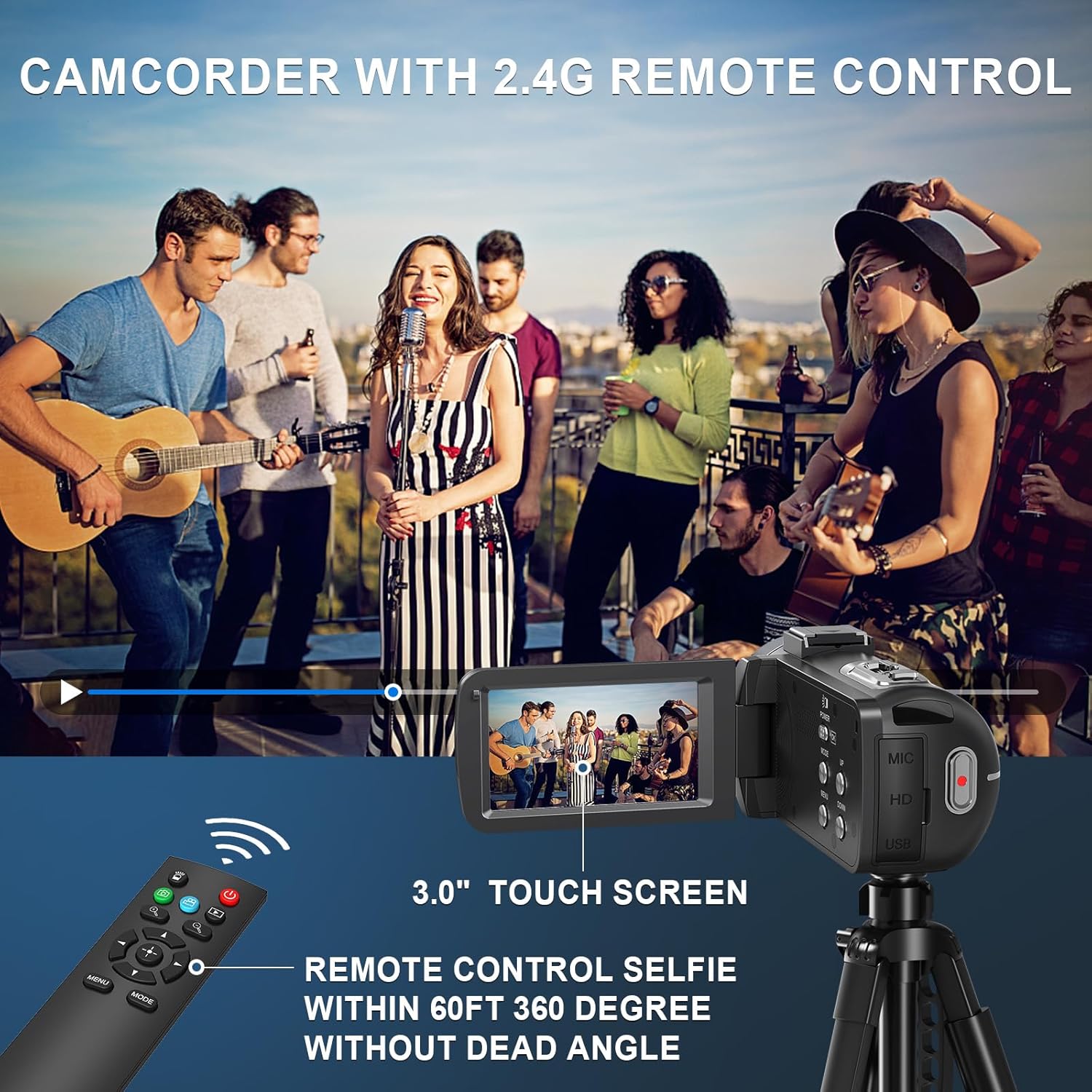 Delmodes 8K Camcorder with 2.4G remote control and 3.0 inch touch screen