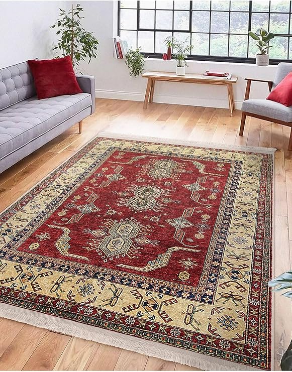 RealHomes Kırmızı Zeminde Anadolu Motifli Hereke Desenli Etnik Motifler Oturma Odası Kaymaz Taban Saçaklı Halı HaliDik-Deluxe-11176, 80 x 200