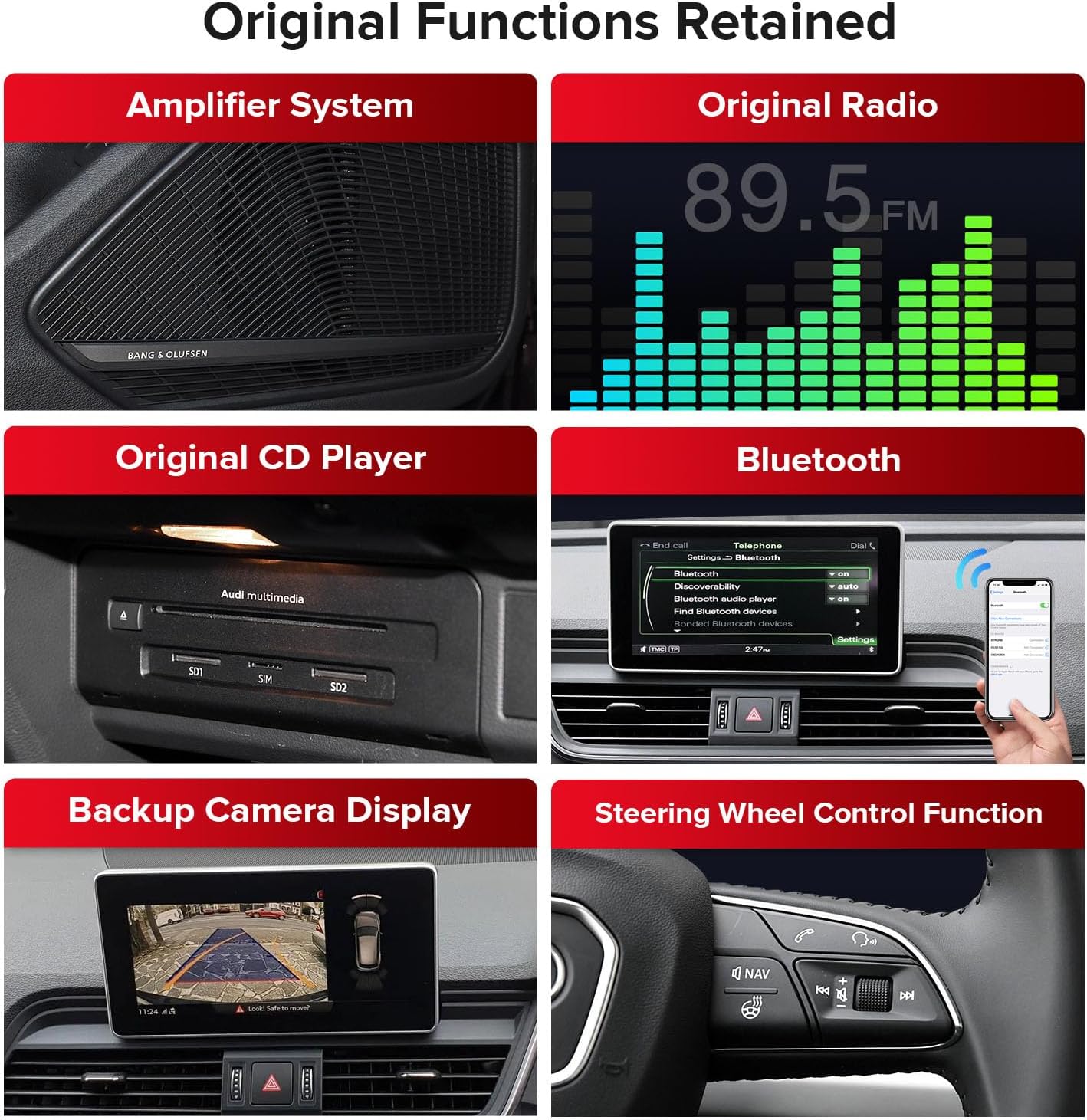Images showing retained original functions of the Audi Q5 SQ5 with the XTRONS car stereo, including amplifier, radio, CD player, Bluetooth, backup camera, and steering wheel controls