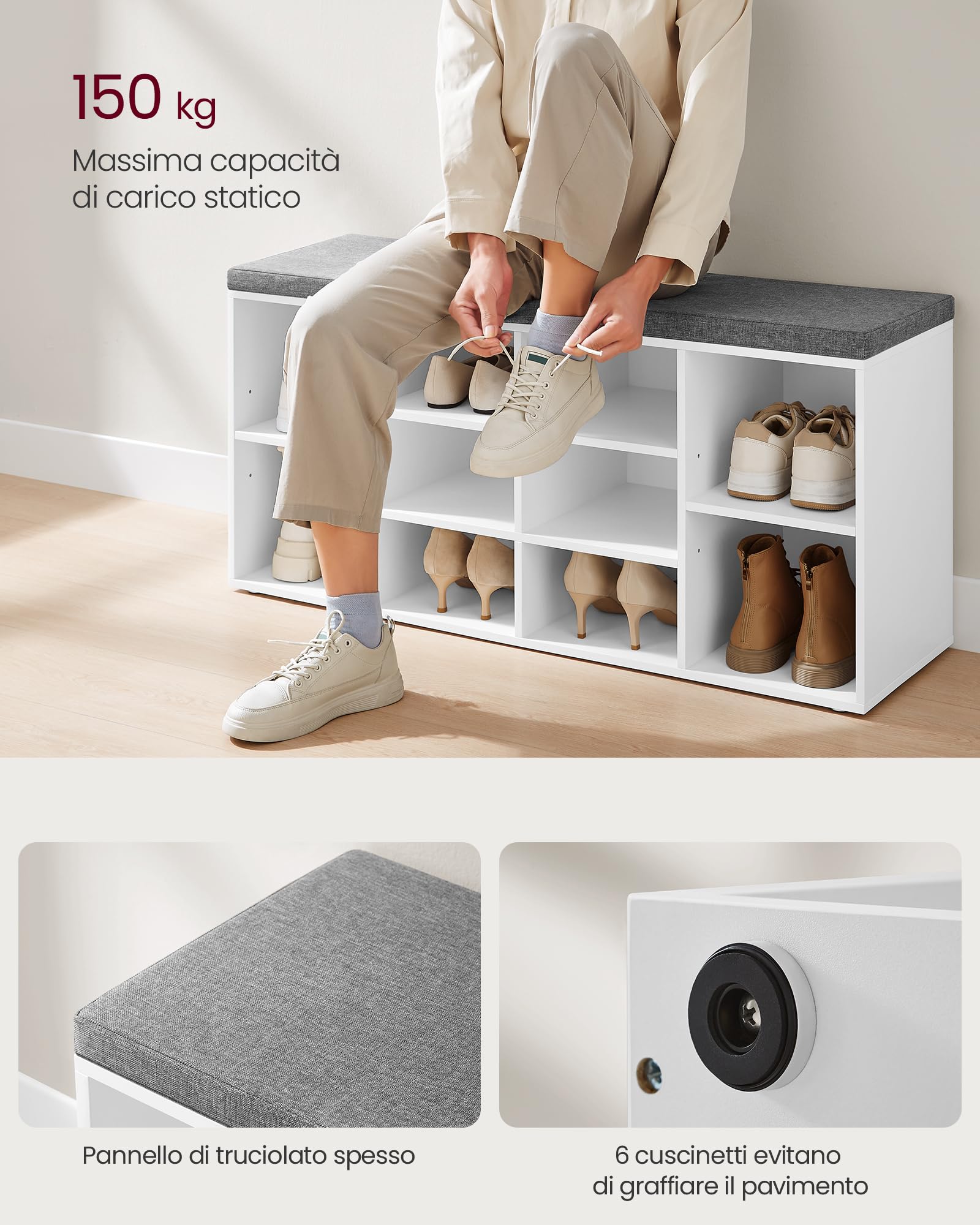 VASAGLE Panca Scarpiera, Scaffale Portascarpe a 10 Scomparti, Organizzatore Portaoggetti, con Sedile Imbottito, per Ingresso, 104 x 30 x 48 cm, Bianco LHS10WT