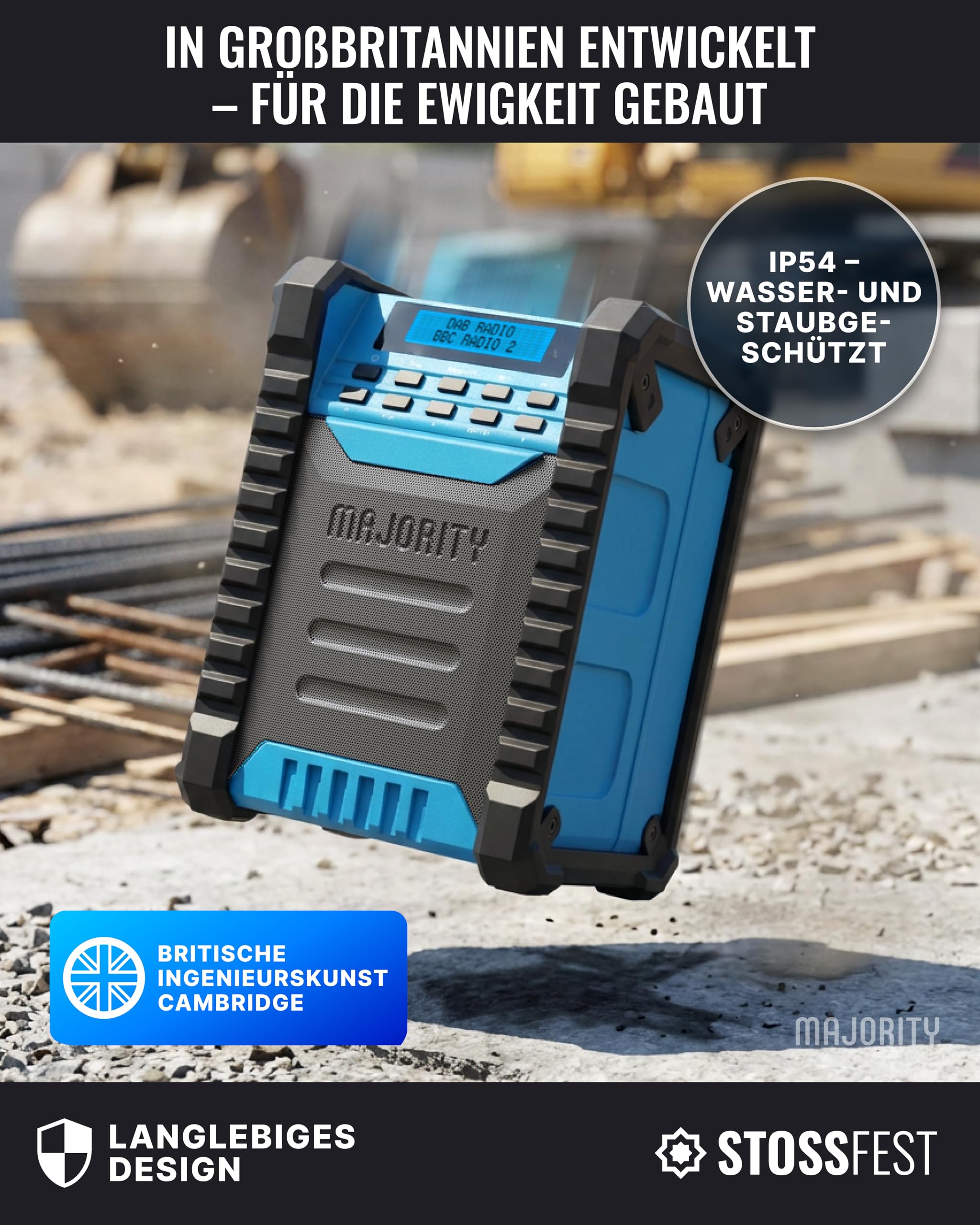 MAJORITY Landbeach Baustellenradio | DAB Radio mit Bluetooth für Baustelle | 10.000mAh Akku & USB-Powerbank | 28 Stunden Akkulaufzeit | IP54 Staub- und Wasserdicht DAB Plus & UKW Radio mit Stromkabel