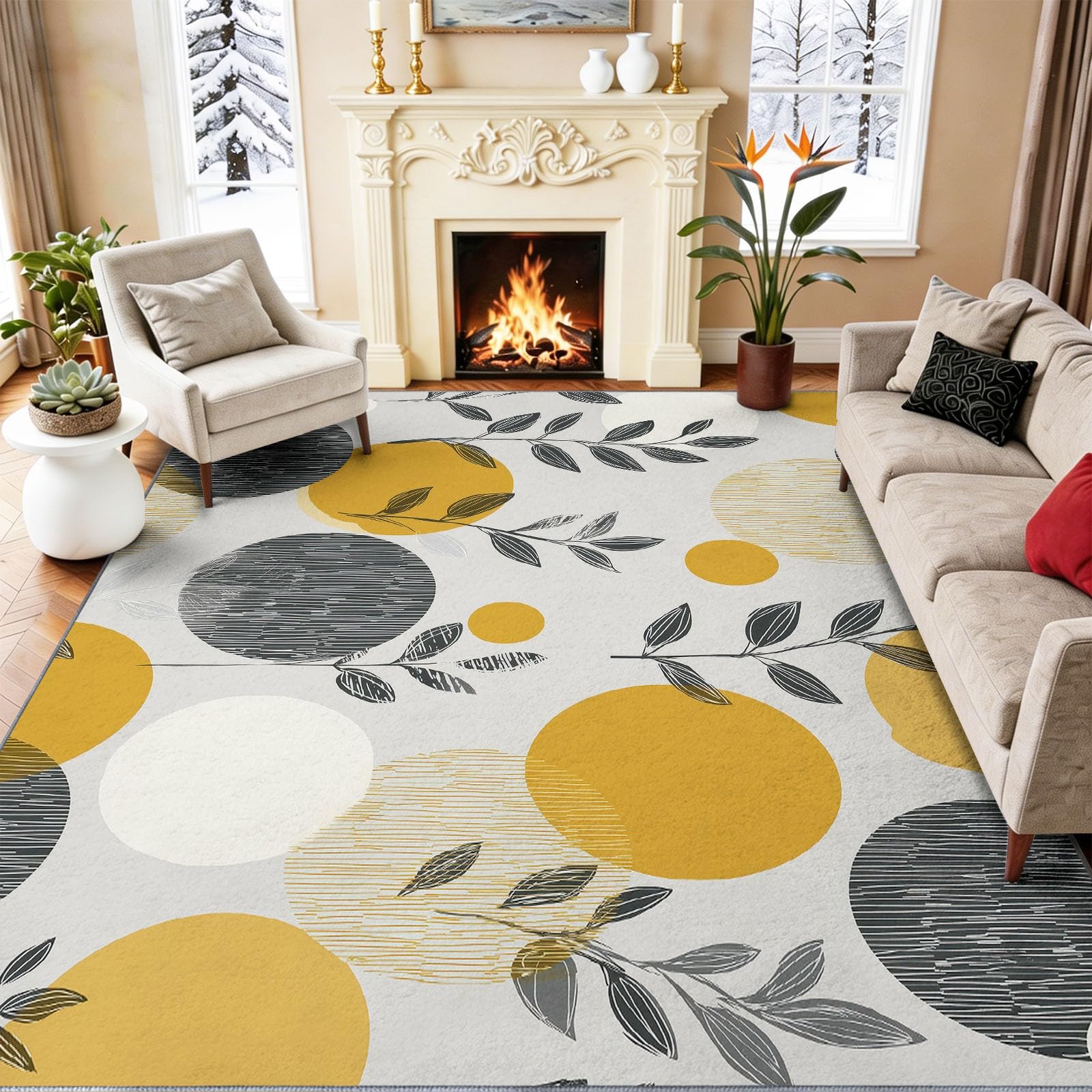 Modern Nordisch Teppich 60 x 120 cm rutschfest Waschbar Teppich, Kreise Blätter Weich Kurzflor Teppiche für Wohnzimmer Büro Mehrfarbig