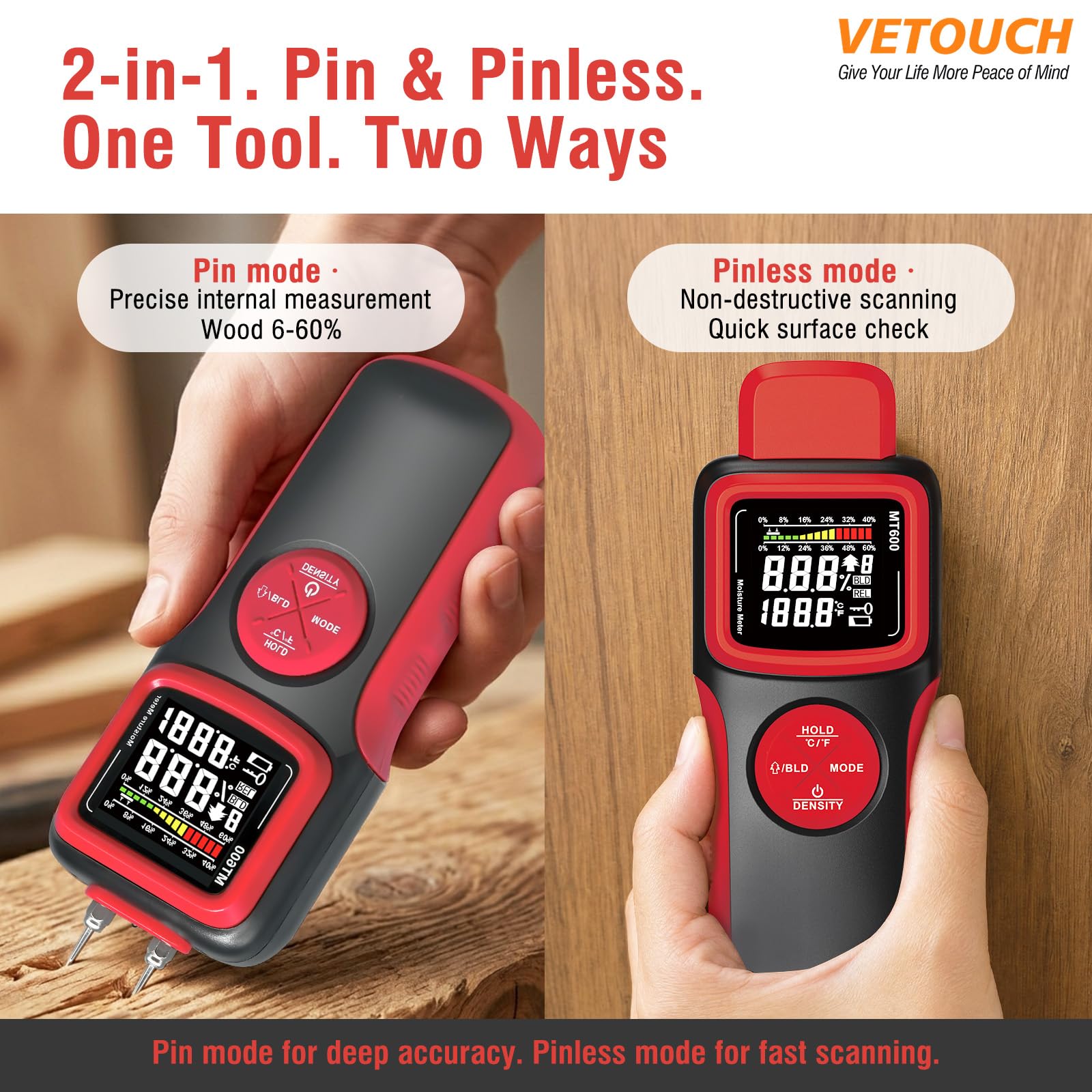2 in 1 Pin & Pinless Wood Moisture Meter, Digital Moisture Detector with LCD Display & Alarm, Temperature Humidity Tester for Wood, Building Materials, Firewood, Walls, Floors, Home Renovation — Amazon image 3