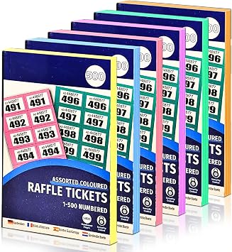 Bestus 6-Pack Cloakroom Raffle Tickets 1-500, Mixed colours - Numbered, Easy-tear, Tombola, Charity Events, Prize & Lucky Draws