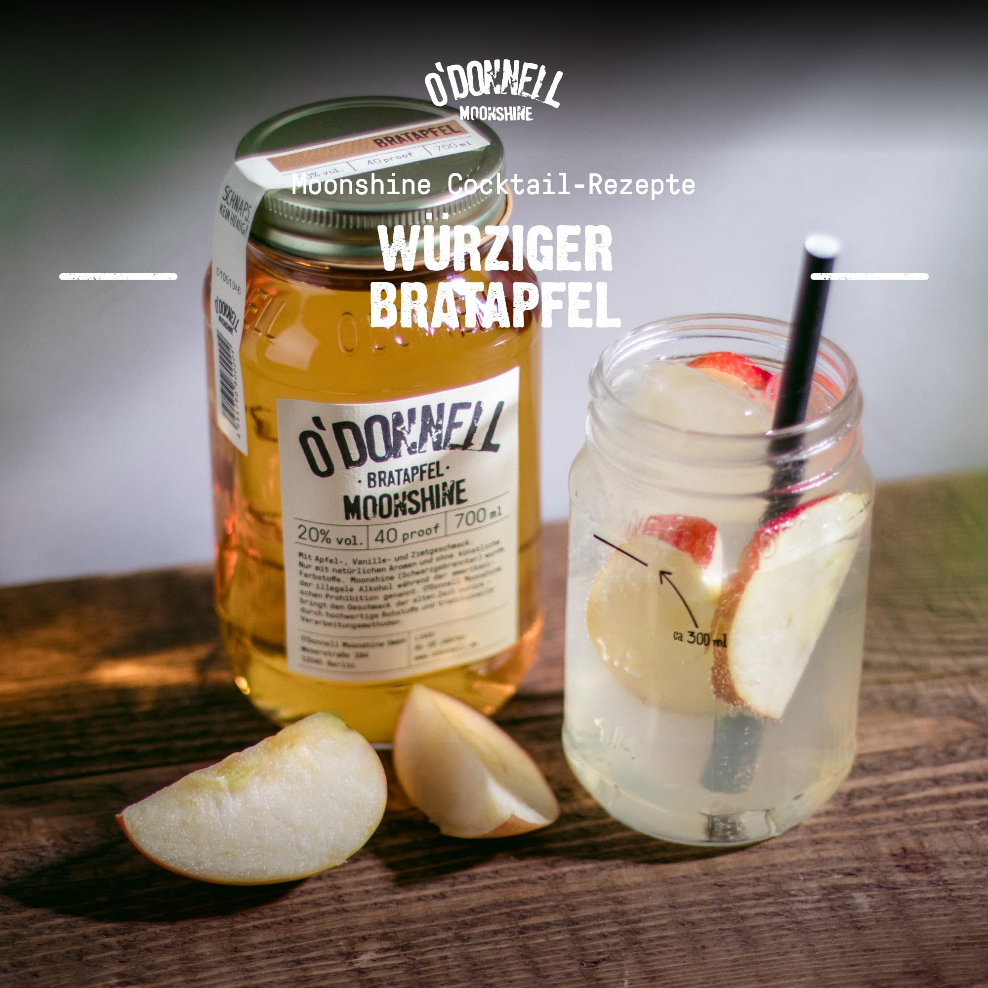 O’Donnell Moonshine Bratapfel Likör (700ml) + Ausgießer – Apfellikör mit Mandel, Zimt & Vanille (fruchtig-frisch) ohne künstliche Aromen – 20% Alkohol im Original Mason Jar – Made in Berlin