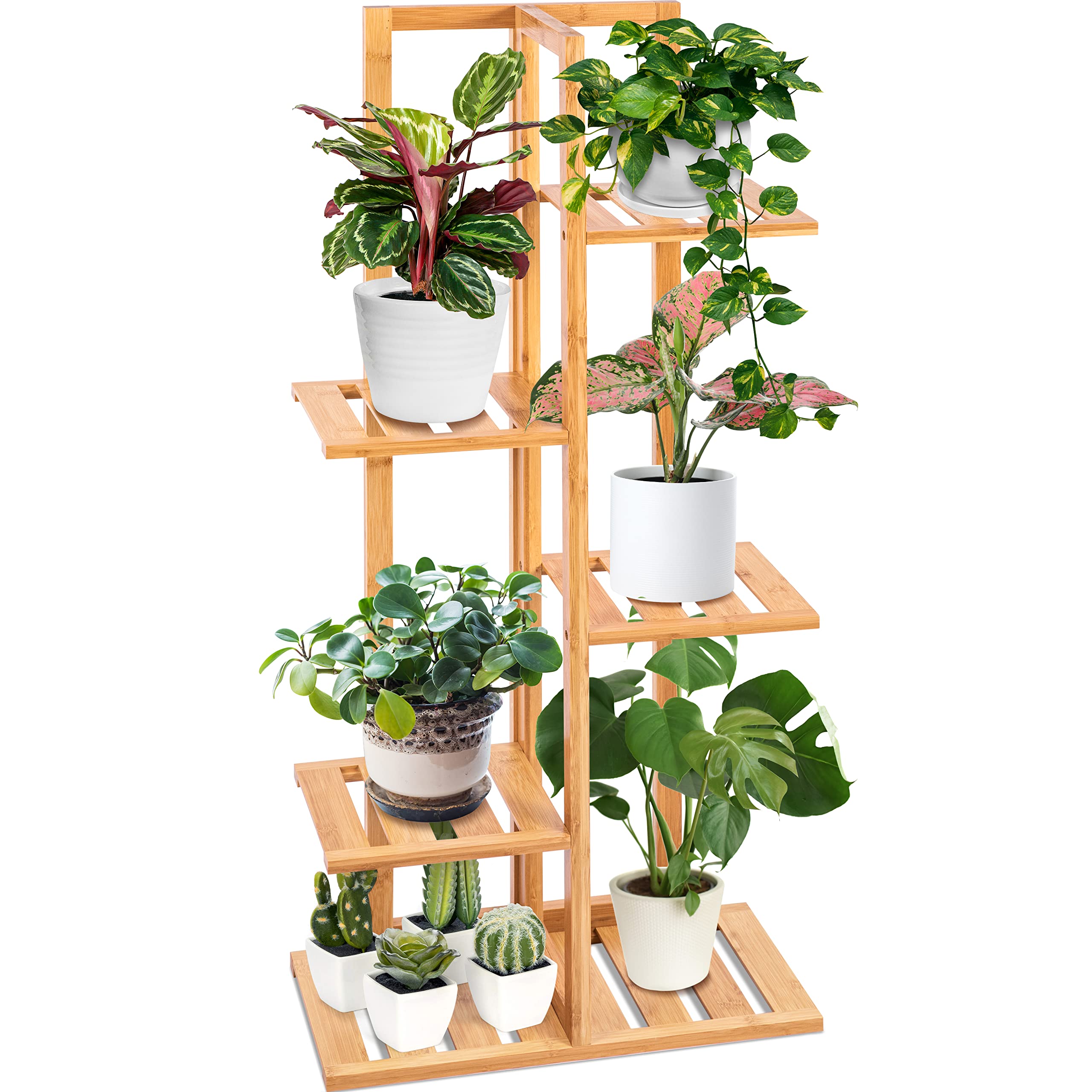 SereneLife Bamboo Corner Plant Stand, 6 Tier Tall Freestanding Storage Shelf for 6 Potted Plants, Plant Accessories Rack Indoor and Outdoor Use, Multiple Plant Holder For Balcony and Living Room