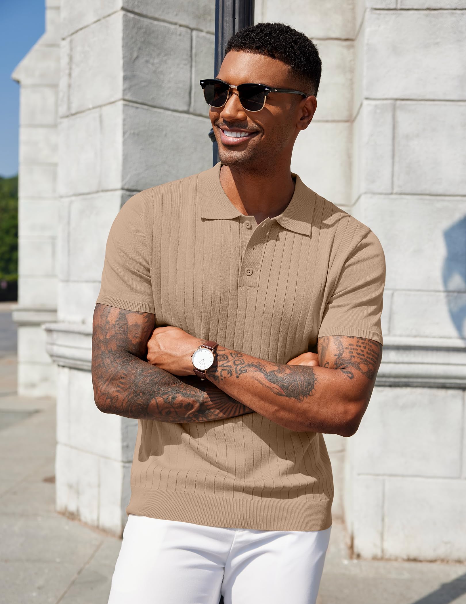 COOFANDY Polo Homme Été Tricoté Manches Courtes T-Shirt Golf Stretch Slim Fit Décontracté