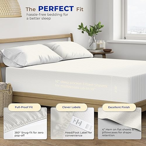 Miniatura 4 de Sábanas de 600 hilos de calidad egipcia 100% algodón a rayas, sábanas de damasco individual para personas que duermen con calor, tejido satinado,