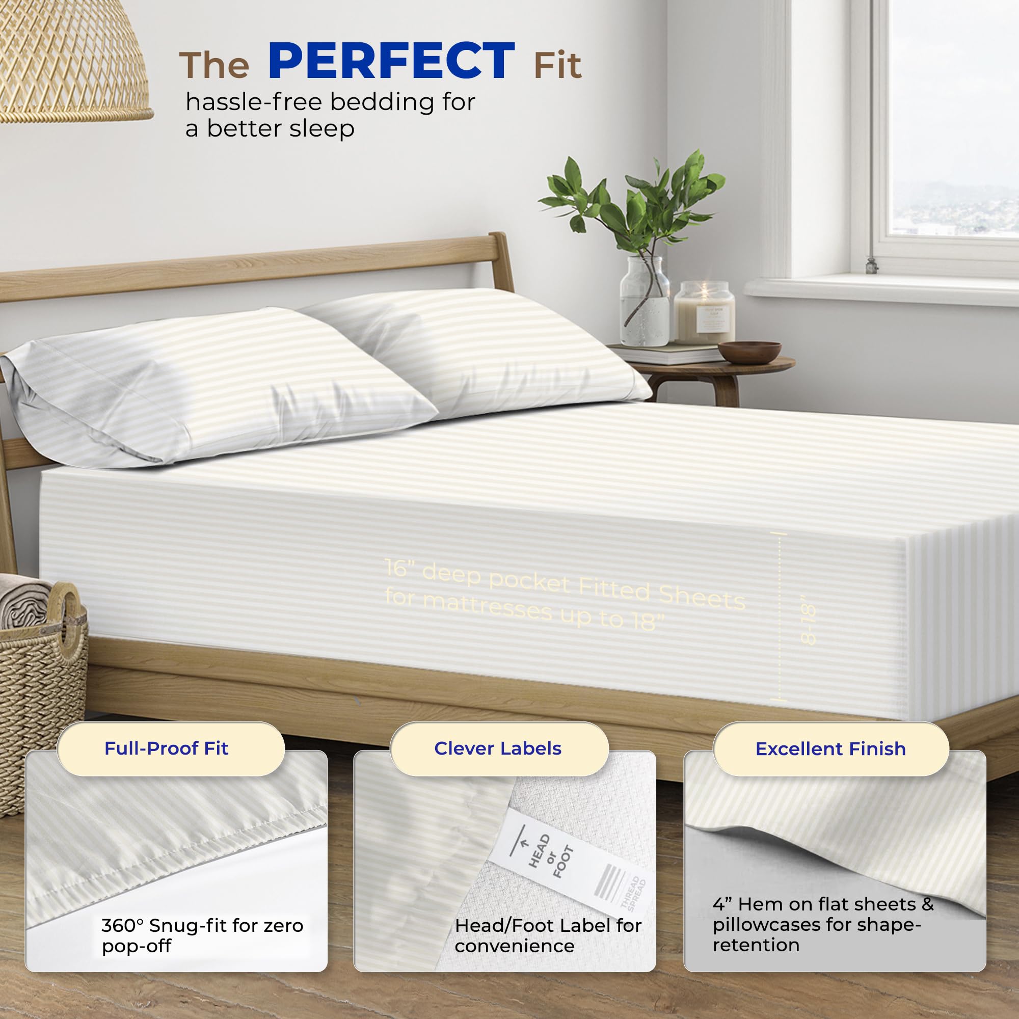 600-TC Egyptian Quality 100% Cotton Striped Sheets, Luxury King Size Cooling Damask Bed Sheets for Hot Sleepers, Sateen Weave - Image 4