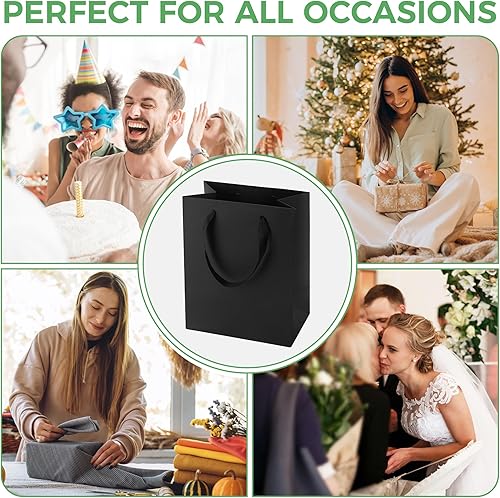 Miniatura 6 de PrimeSign Bolsas de regalo negras con asas 8 x 5 x 10 pulgadas, paquete de 30 mordazas de papel kraft medio mate para fiesta, negocios, padrinos de