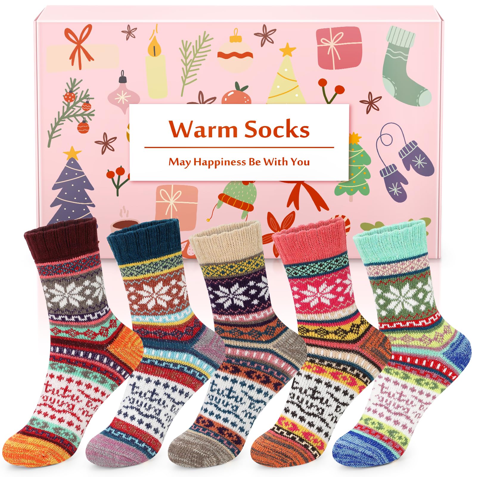 Thermal Winter Women Socks 5 Pairs Wool Warm Knitting Ladies Socks Vintage Style Soft Cotton Thick Woman Bed Sock Multicoloured for Home Office School Hiking, Ideal Christmas Gifts for Women