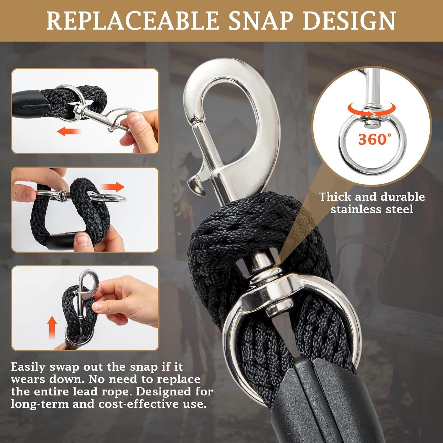 Premium Horse Lead Rope (2 Pack) – 10 ft Soft Braided Lead Rope for Horses with Snap Halter Attachment, Replaceable Snap, Soft & Secure Grip, Daily Horse Tack & Supplies