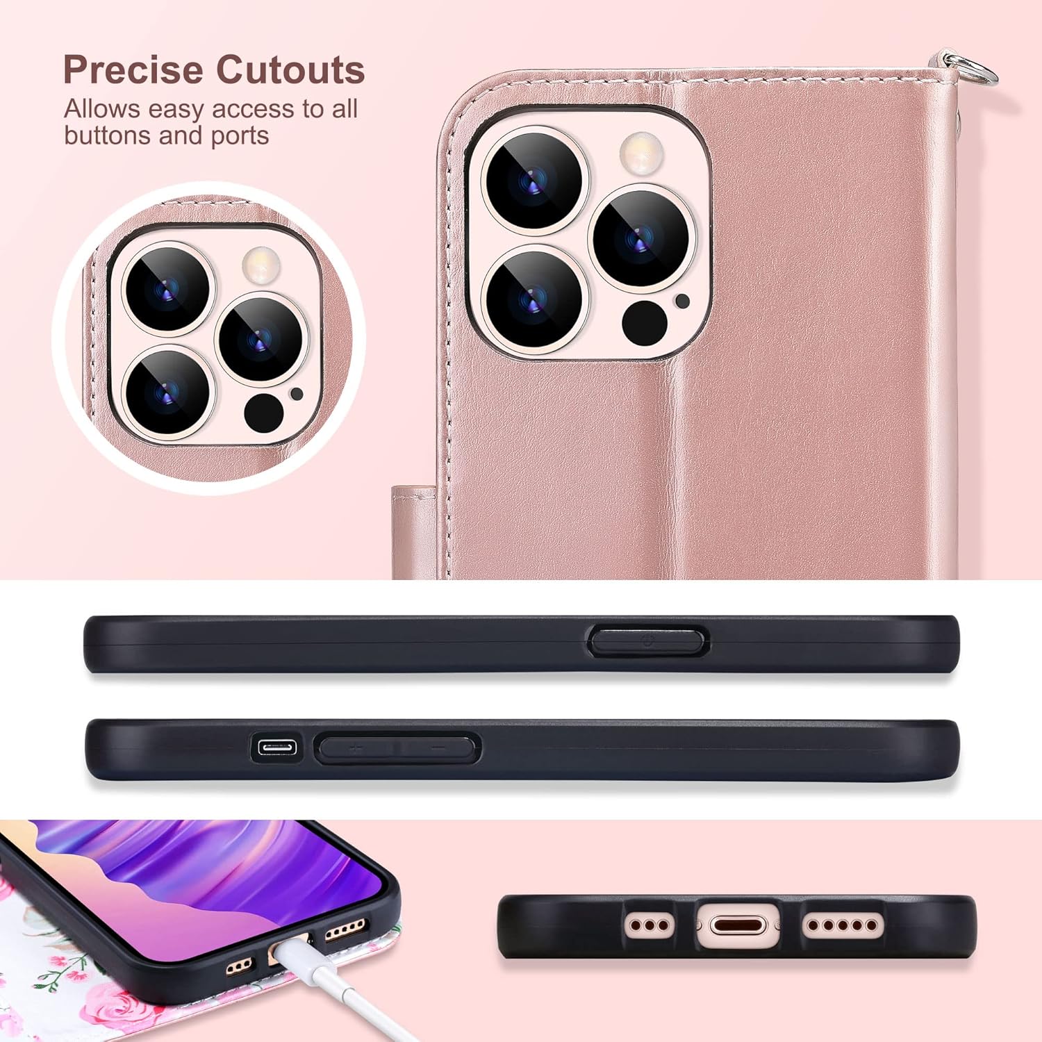 ULAK Compatible with iPhone 14 Pro Wallet Case with Card Holder, Flip Floral Flower Pattern PU Leather Kickstand Wrist Strap Phone Case for Girls Women, Shockproof Cover 6.1", Rose Gold - Image 7