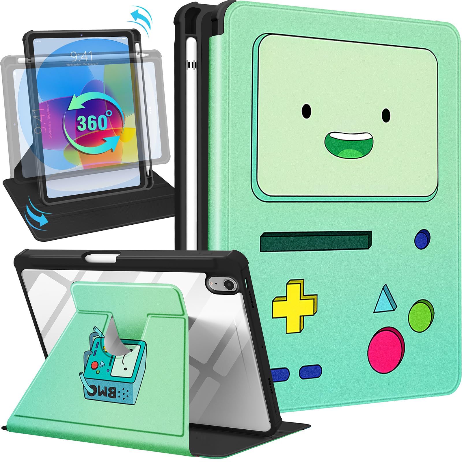 Trendy Fan for iPad Mini 6 Case 8.3 Inch 2021 Cute Cartoon Kawaii for Girls Kids Girly Women Design Covers,360 Degree Rotating Folio Stand Pencil Holder for Apple i Pad Mini 6th Generation,Green