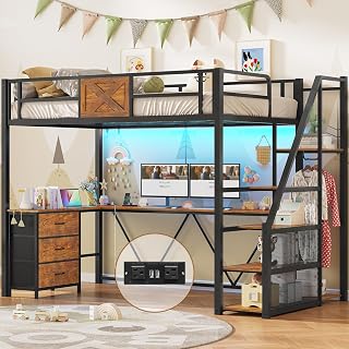 Itaar Twin Loft Bed with L-Shaped Desk, Wardrobe, Storage Stairs, 3 Drawers, RGB LED Lights & Charging Station - Rustic Brown Metal Frame