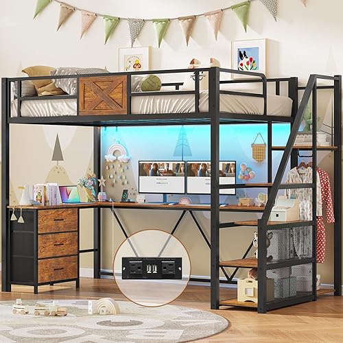 Itaar Stairway Twin Size Loft Bed with L Shaped Desk and Wardrobe, Metal Loft Bed Frame with Storage Stairs, 3 Fabric Drawers, LED Lights & Charging Sation, Rustic Brown - Twin - Rustic Brown