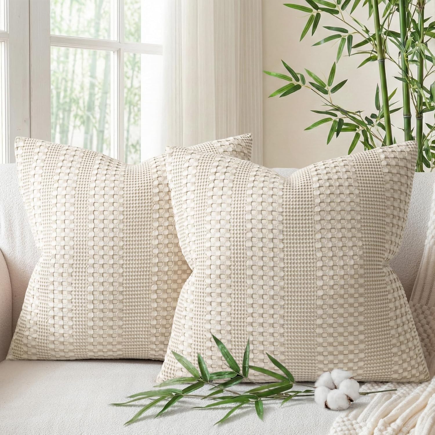 a moment 2 Pack Bamboo Fiber Pillow Covers - Waffle Weave, Ultra Soft & Breathable, Euro Shams Cotton Throw Pillow for Couch, Sofa, Bedroom Living Room 22x22 Inch Beige