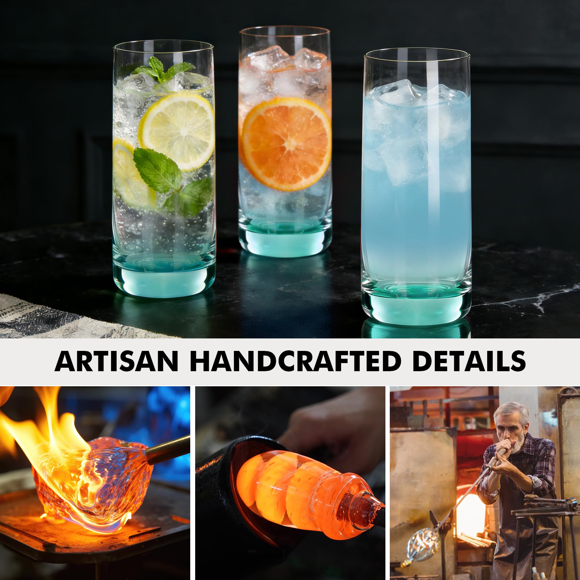 Verres Long Drink Set de 6, 385 ml Verres à Cocktail Verts | Verres pour Mojito, Gin Tonic, Soda, Bière et Eau, Verres Hauts Épais & Stables pour Cuisine, Bar et Fêtes