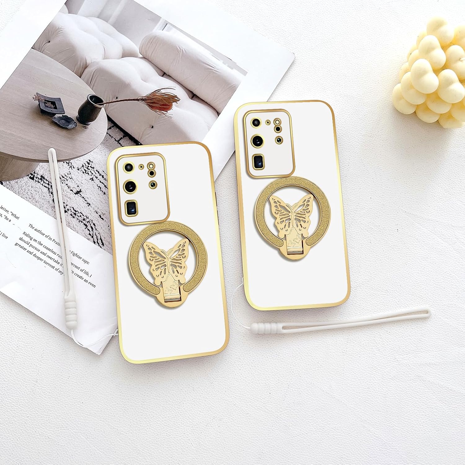 nancheng Cute Phone Case for Samsung Galaxy S20 Ultra 5G (6.9-inch), with Butterfly Kickstand Design for Girls Women Trendy Shockproof Protective Cover - White image 5