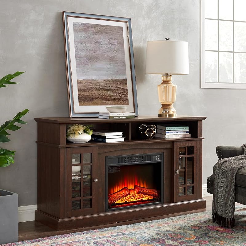 58" Farmhouse TV Stand with 23" Electric Fireplace Heater, Rustic Entertainment Center for TVs up to 65", Multi-Storage Cabinets, Stylish Home Decor for Cozy Living Rooms. (Espresso) image 4