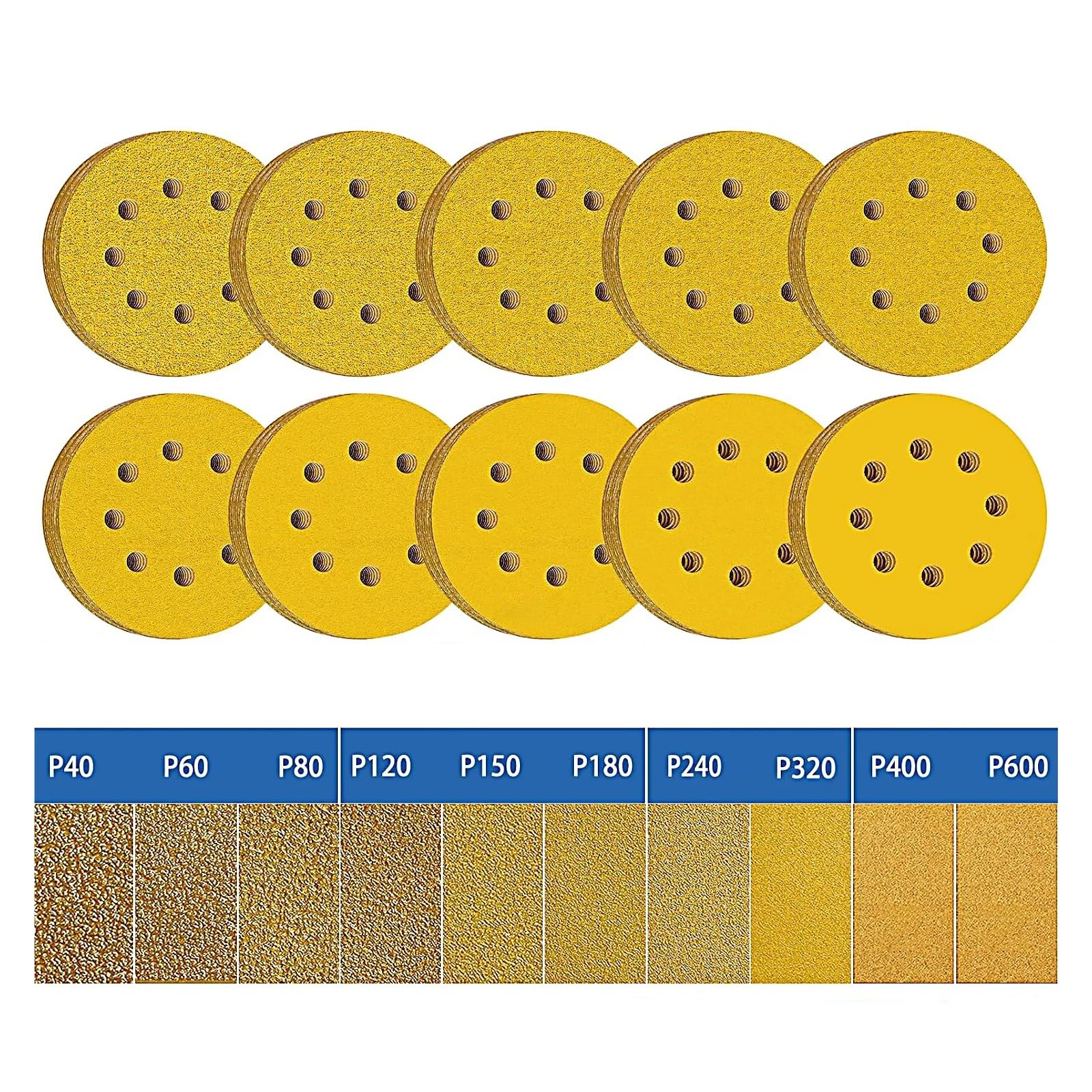 100 pezzi di carta vetrata gialla da 125 mm e 5 pollici, 8 fori, for dischi abrasivi, smerigliatrice, macchina, lavorazione del legno, metallo, disco abrasivo, lucidatura per Levigatrice(180)