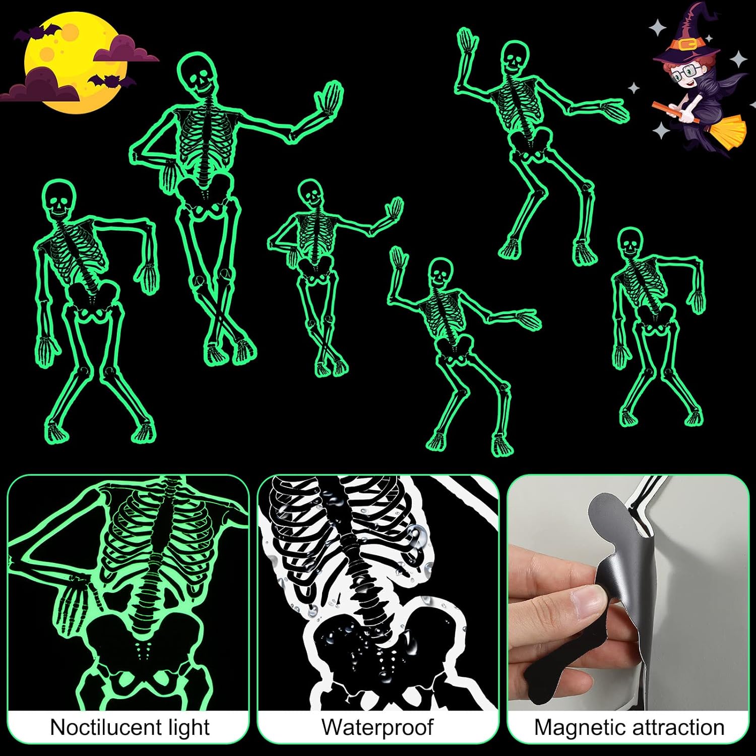 16 Piece Large Magnets Bats Skeletons Halloween Garage Door Decorations 4 Sizes 3D Glow in The Dark Halloween Bat Stickers Door Magnets for Indoor Outdoor Garage Party Refrigerator Car(Skeletons)