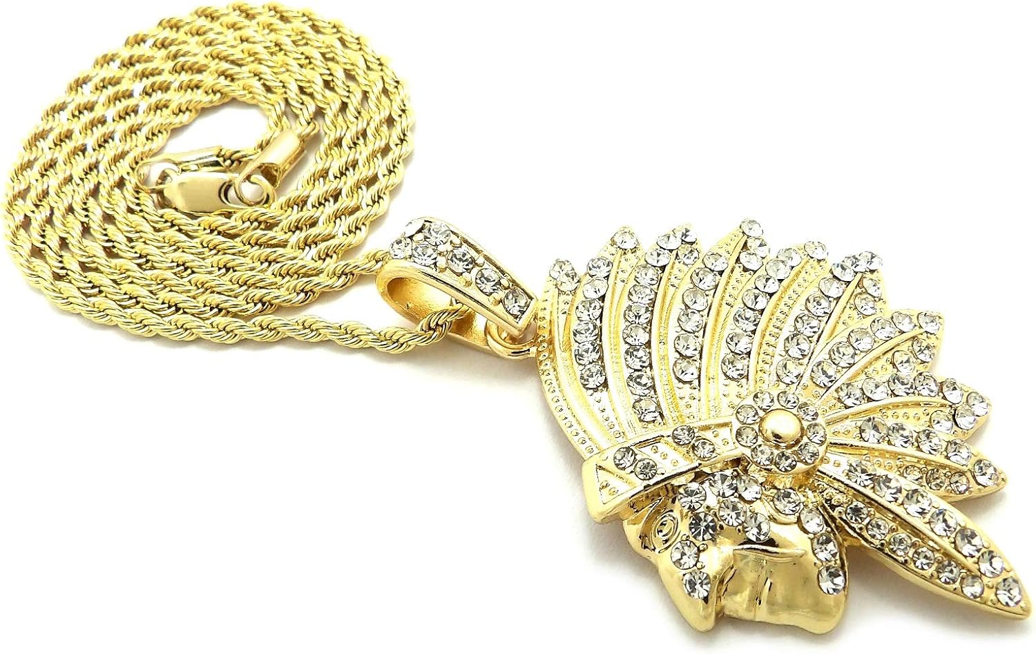 Fashion 21 Stone Stud Indian Chief Head Pendant 20,24 inches Chain Necklace in Gold, Silver Tone