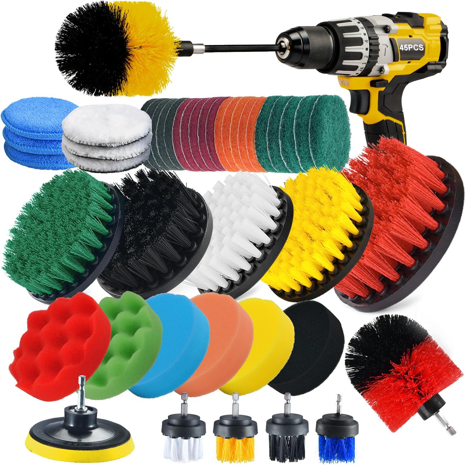 Shieldpro 45 Piece Drill Brush Attachment Set, All Purpose Power Clean Scrubber Brush, Scrub Pads & Sponge with Extend Long Attachment for Bathroom, Kitchen,Grout,Tub,Tile,Corners, Auto