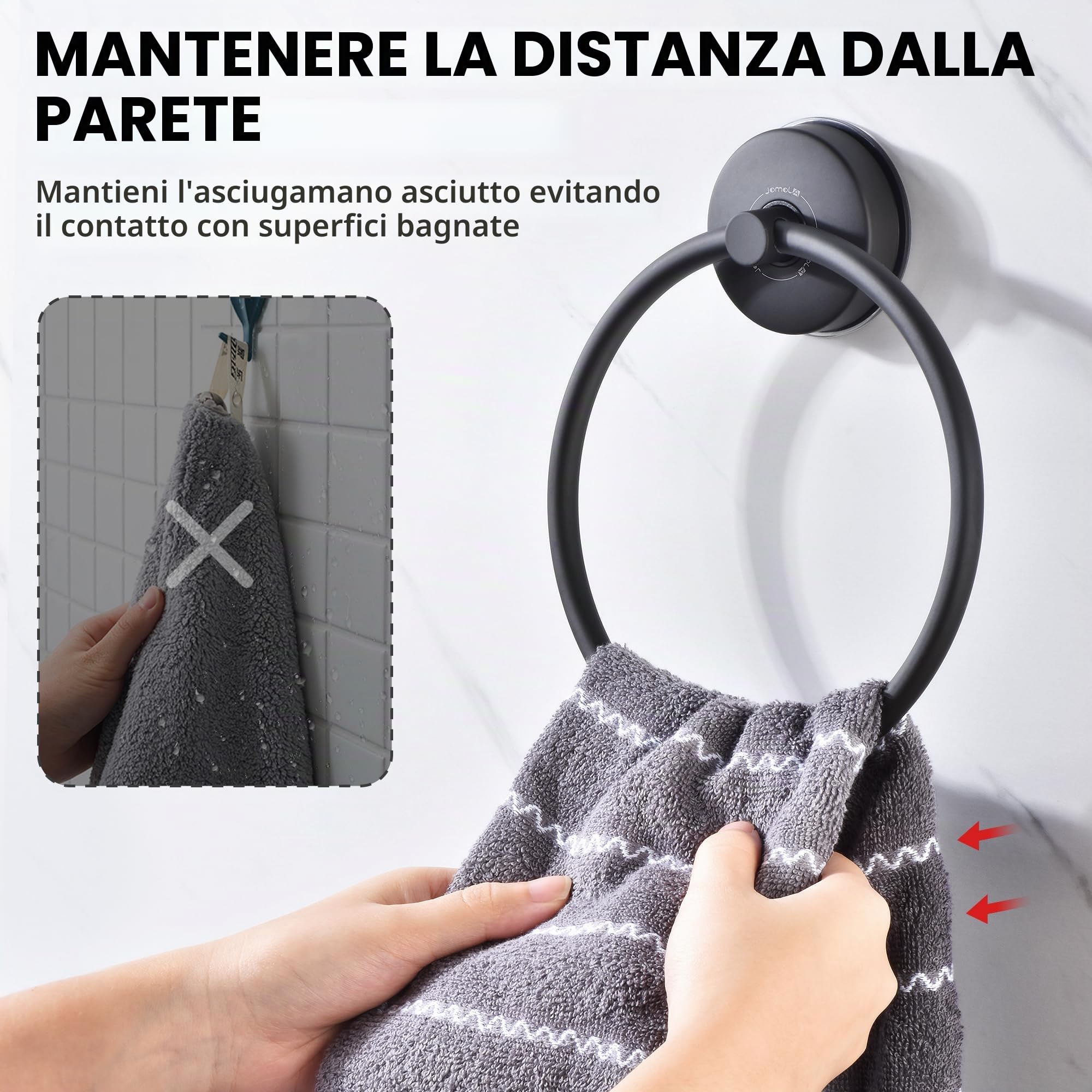 JOMOLA Anello Portasciugamani Nero Porta Asciugamani Ventosa Bagno Forte Anelli Portasciugamani Acciaio inossidabile Porta Asciugamani ad Anello da Parete Finitura Spazzolata 2 Pezzi