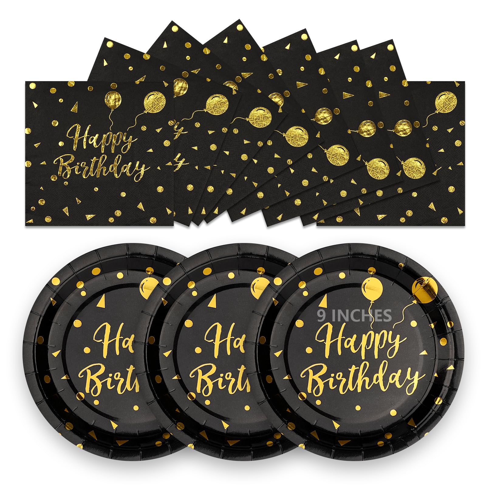 50Pcs Happy Birthday Paper Plates and Napkins, 9" Black Gold Disposable Plates for Parties, Paper Dessert Cake Plates, Strong Party Tableware Set 25 Guests for Birthday Decorations