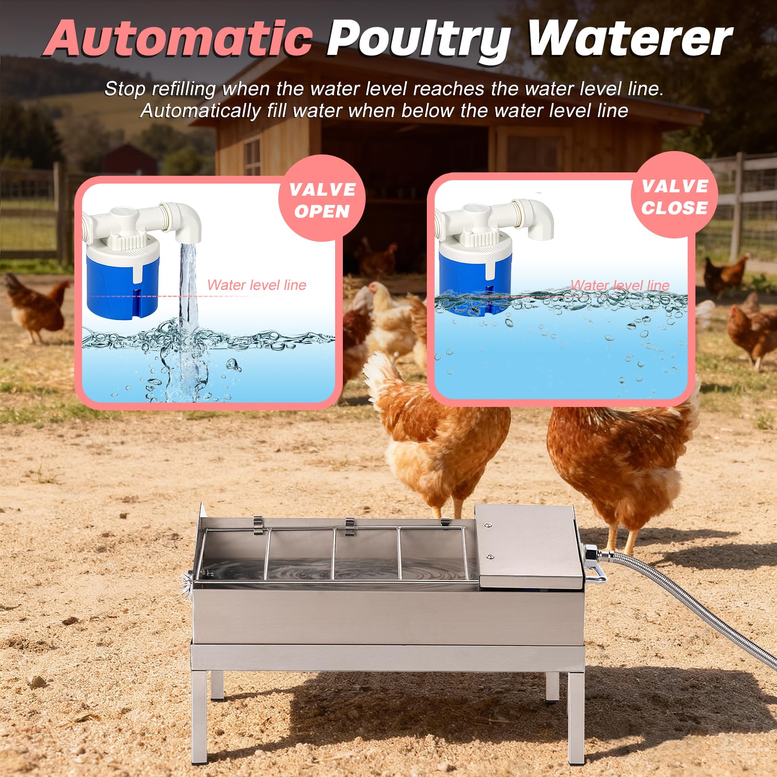 Bebedero y alimentador automático 2 en 1 para pollo, alimentador de agua de pollo de acero inoxidable con válvula flotante, dispensador de agua de llenado automático para aves de corral