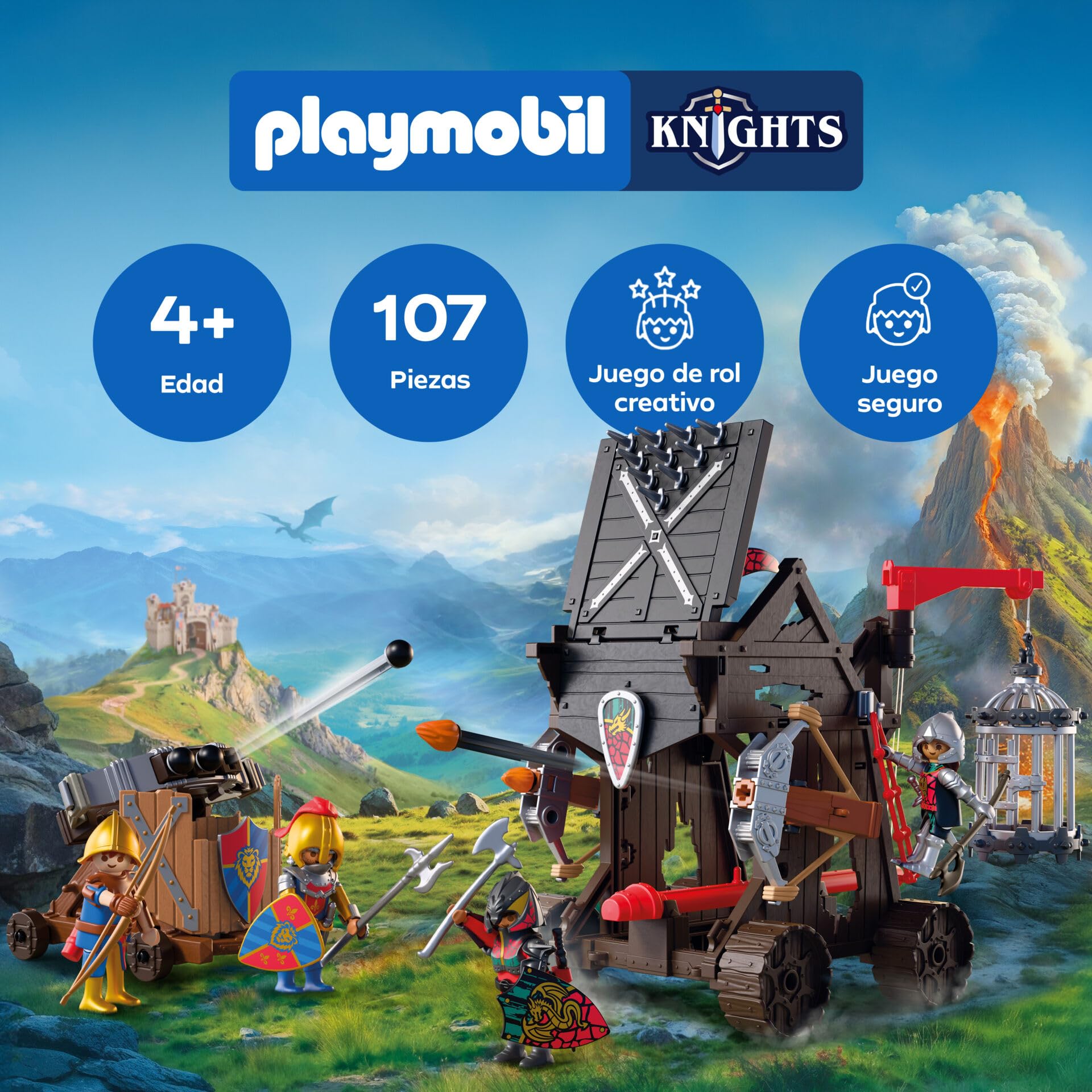 PLAYMOBIL | Knights | Torre de Asalto de los Caballeros del Dragón | Torre de asedio con ariete, balista, Jaula y 4 Caballeros | para niños a Partir de 4 años | 72210