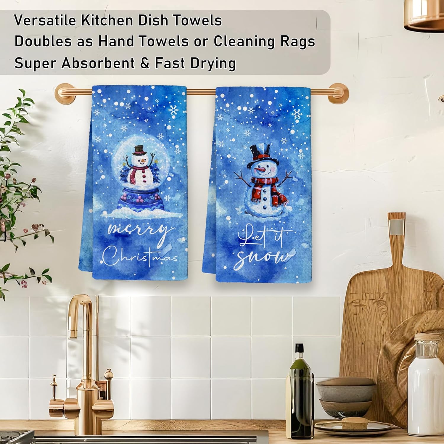 Blue Christmas Snowman Kitchen Towels, Let It Snow Merry Christmas Hand Dish Towels Decor, Winter Xmas Snow Globe Snowman Tea Towel for Kitchen Bathroom Decorative, 16x24 Inch Set of 2 - Image 3