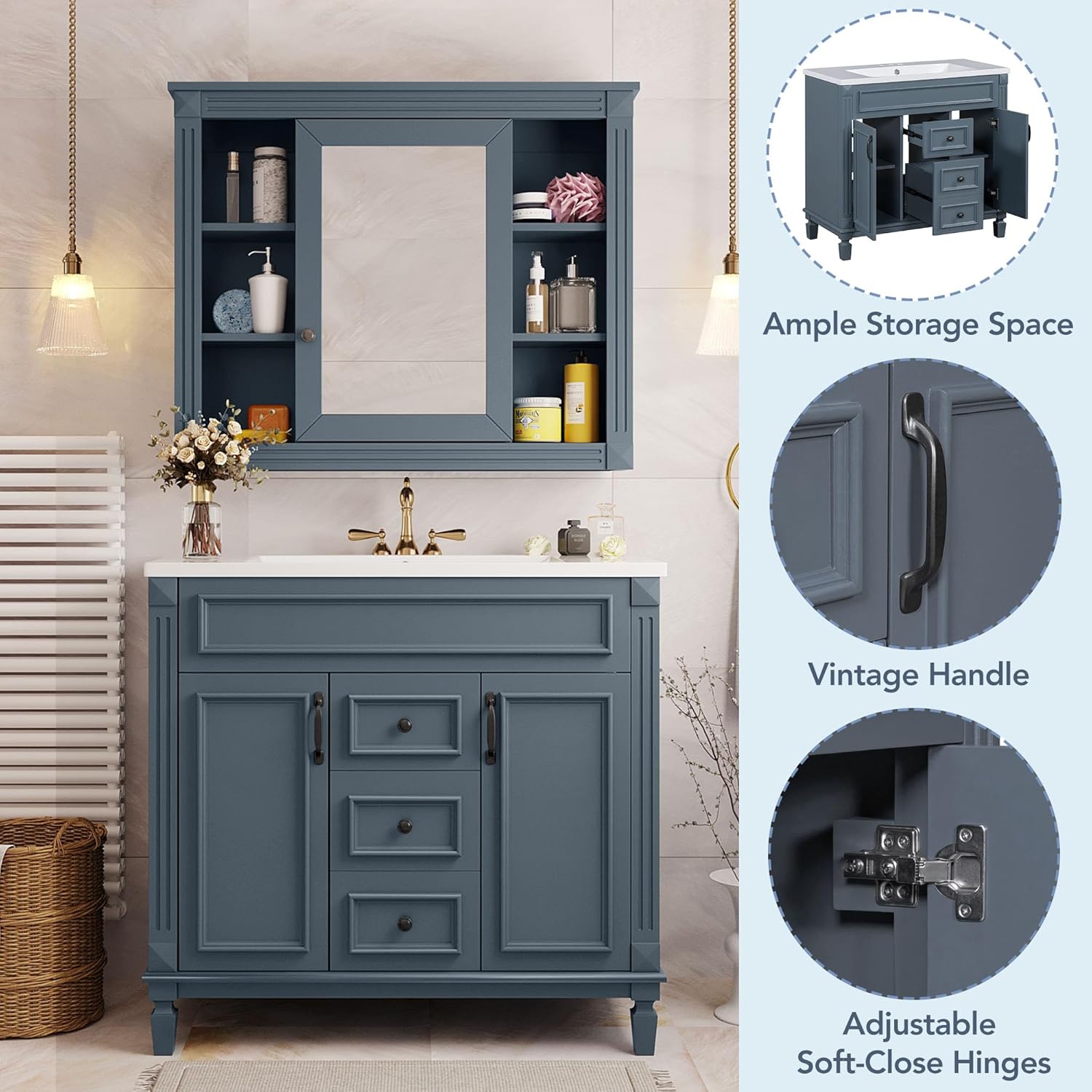 Merax 36" Bathroom Vanities with Single Sink, Modern Undermount Bathroom Sink Cabinet with 3 Closing Doors & 2 Full Extension Dovetail Drawers