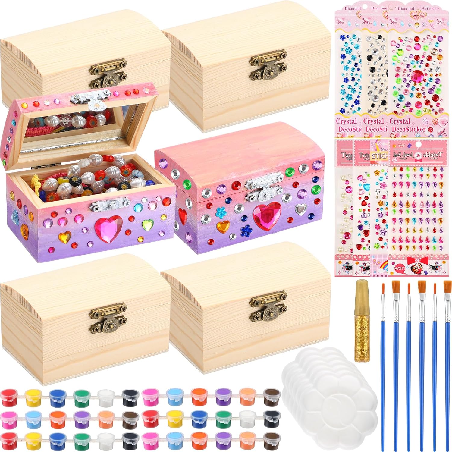 Kigley 6 Sets Paint Your Own Heart Box Kit DIY Wooden Jewelry Box Unfinished Heart Shaped Boxes Valentine's Day Painting Gift Arts Crafts for Kids Girls Toddler Ages 3-12 Year Old